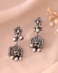 VOJ Silver Plated Oxidized Geometrical Shaped Studs Earrings