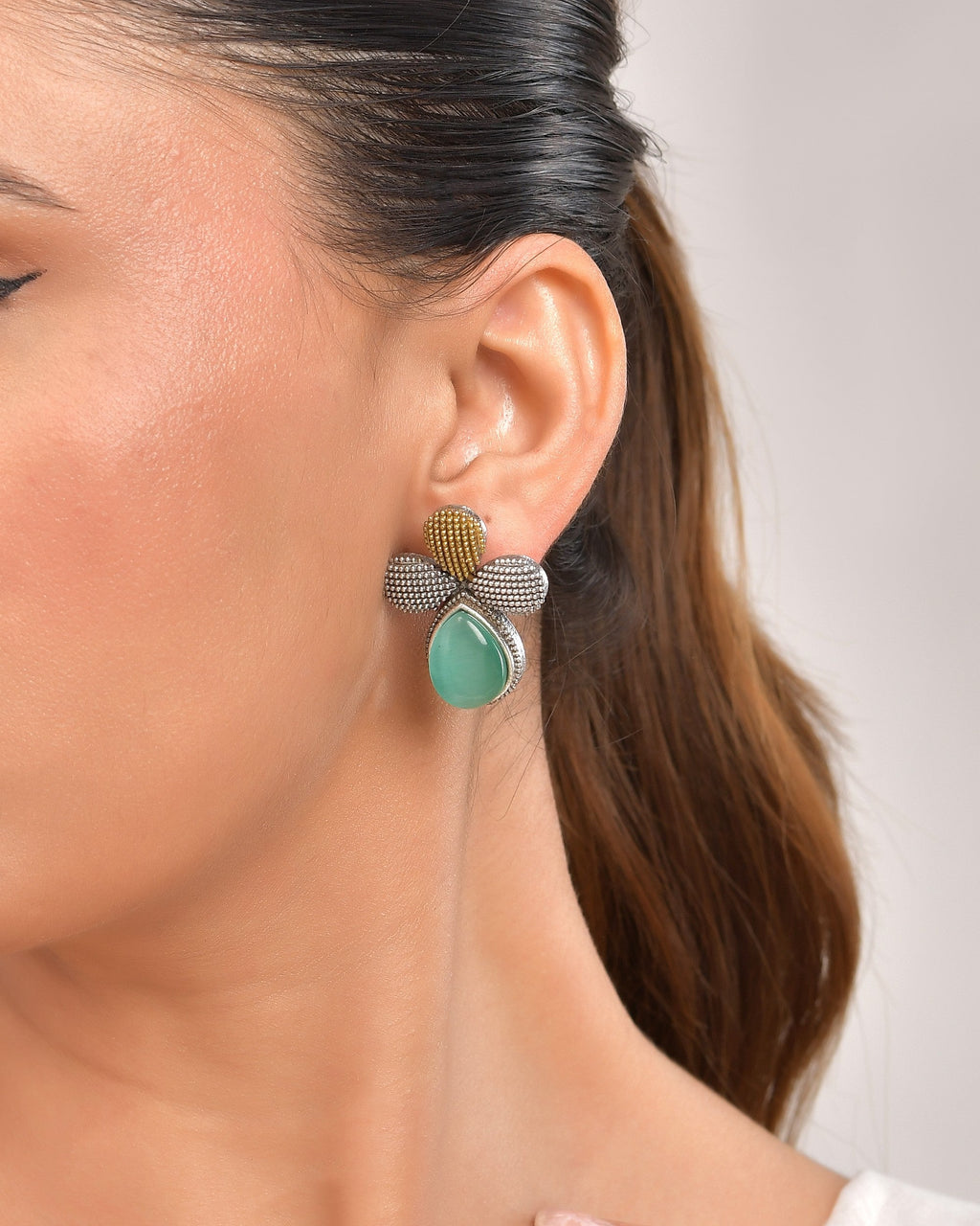 VOJ Silver Toned Teal Stone Studded Elegant Earrings