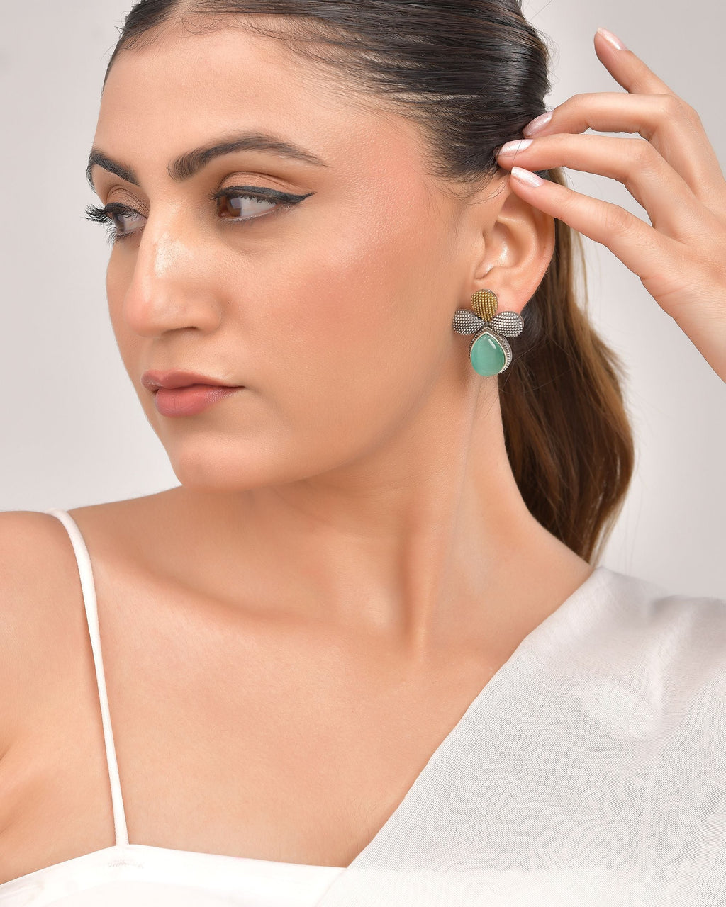 VOJ Silver Toned Teal Stone Studded Elegant Earrings