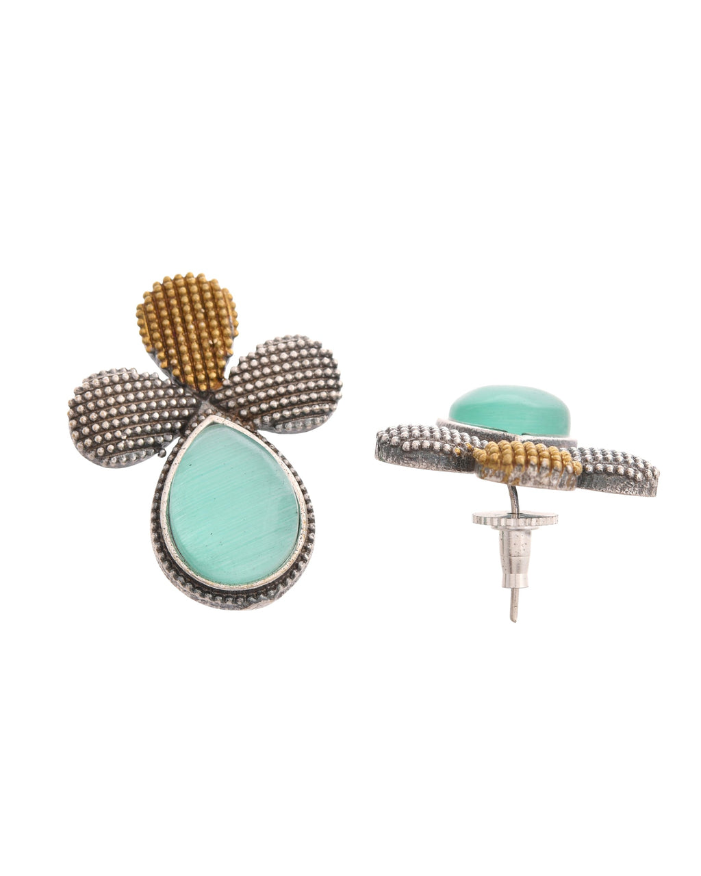VOJ Silver Toned Teal Stone Studded Elegant Earrings