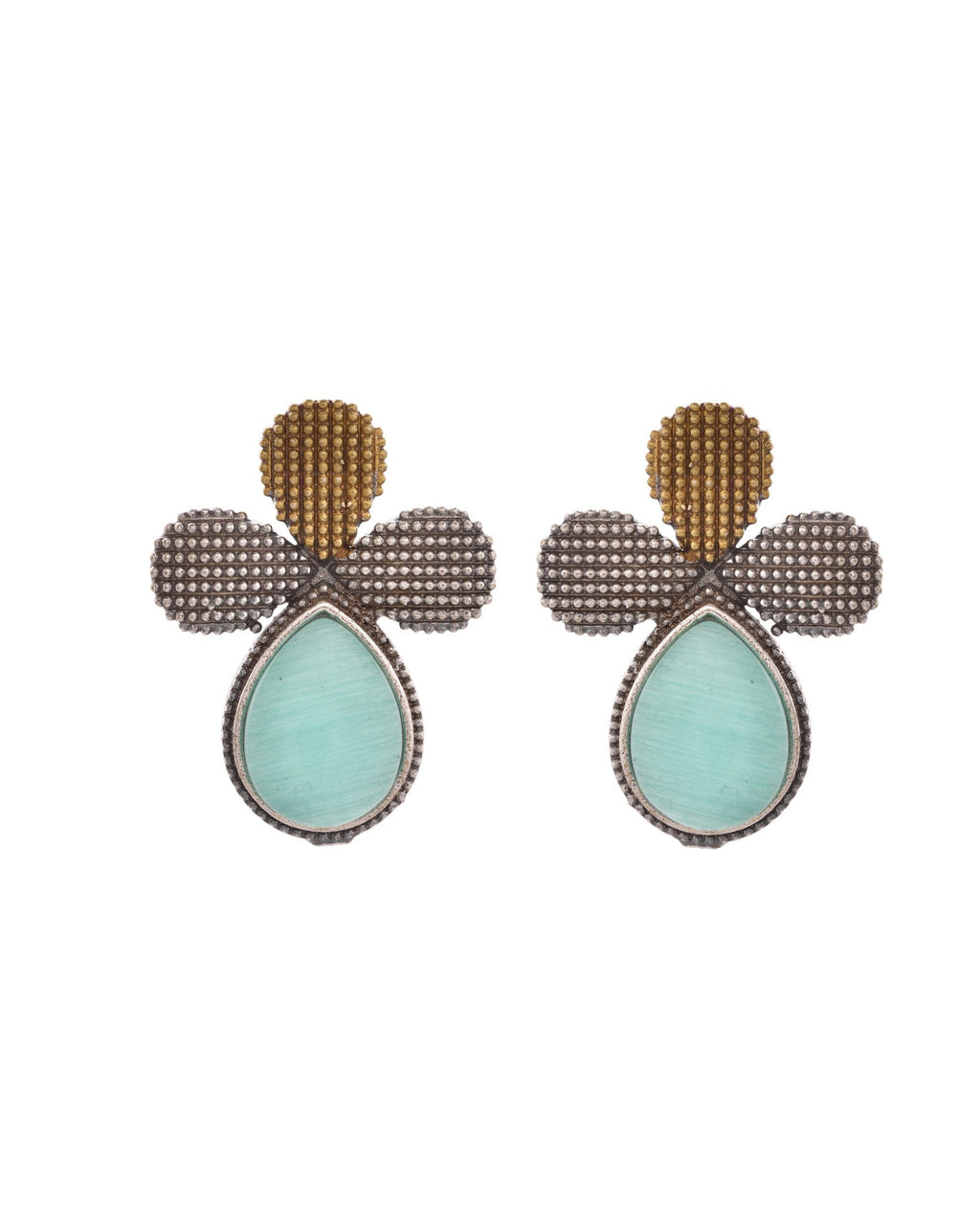 VOJ Silver Toned Teal Stone Studded Elegant Earrings