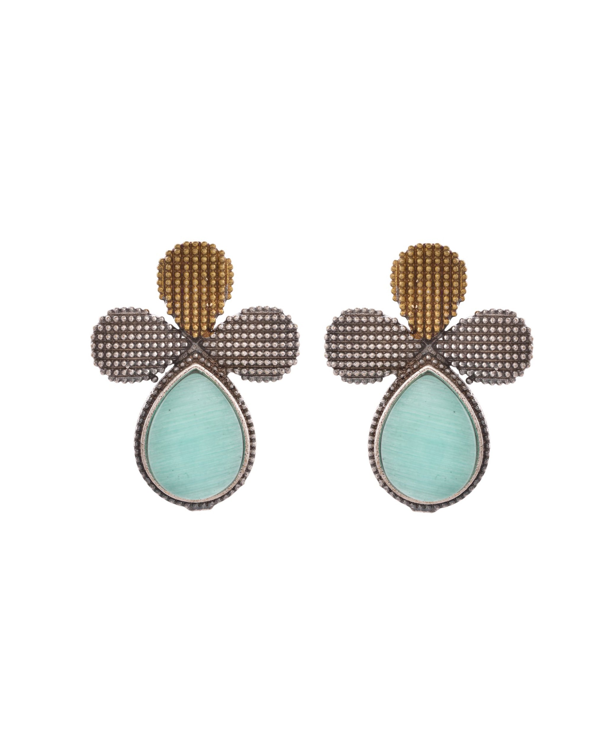 VOJ Silver Toned Teal Stone Studded Elegant Earrings