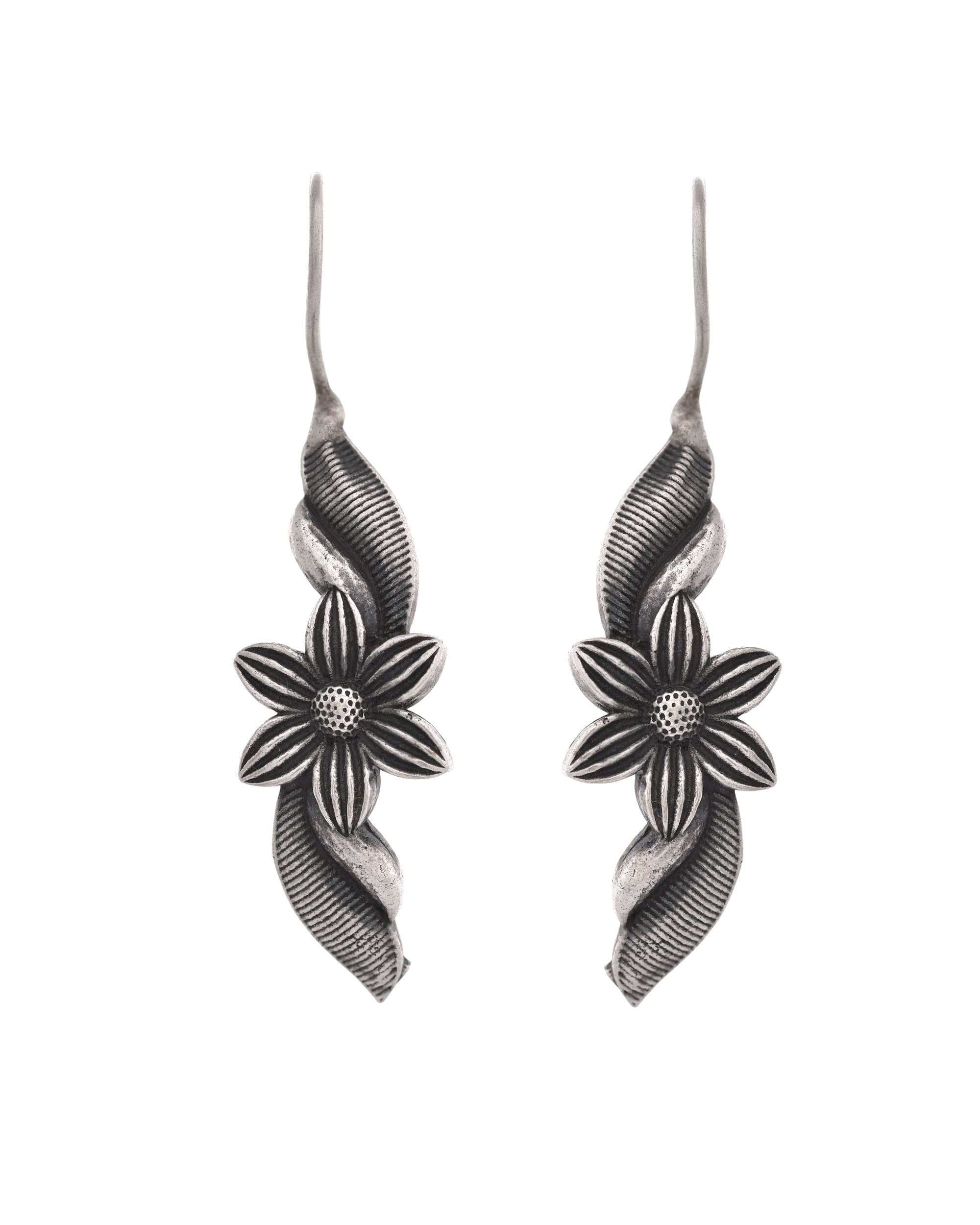VOJ Silver Plated Floral Shaped Drop Earrings