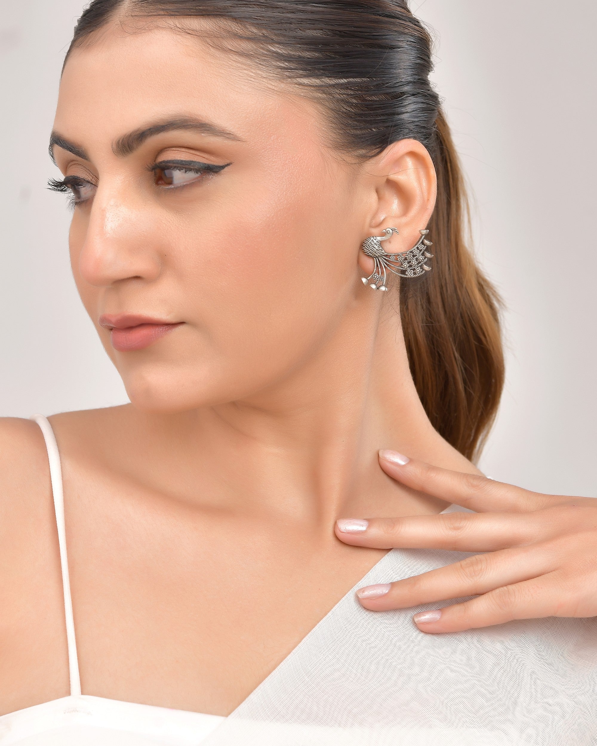 VOJ Silver Plated Dancing Peacock Shaped Studs Earrings