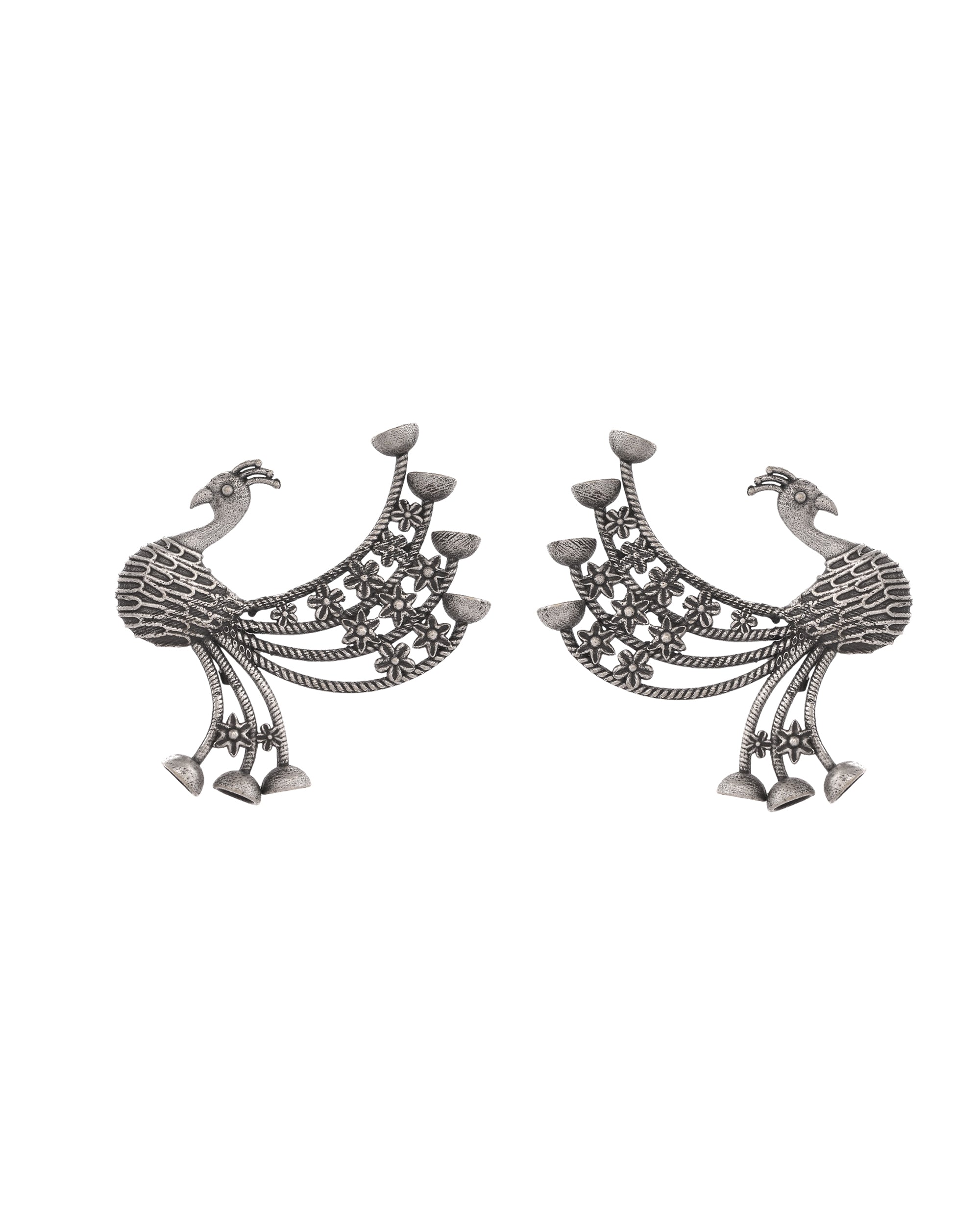 VOJ Silver Plated Dancing Peacock Shaped Studs Earrings