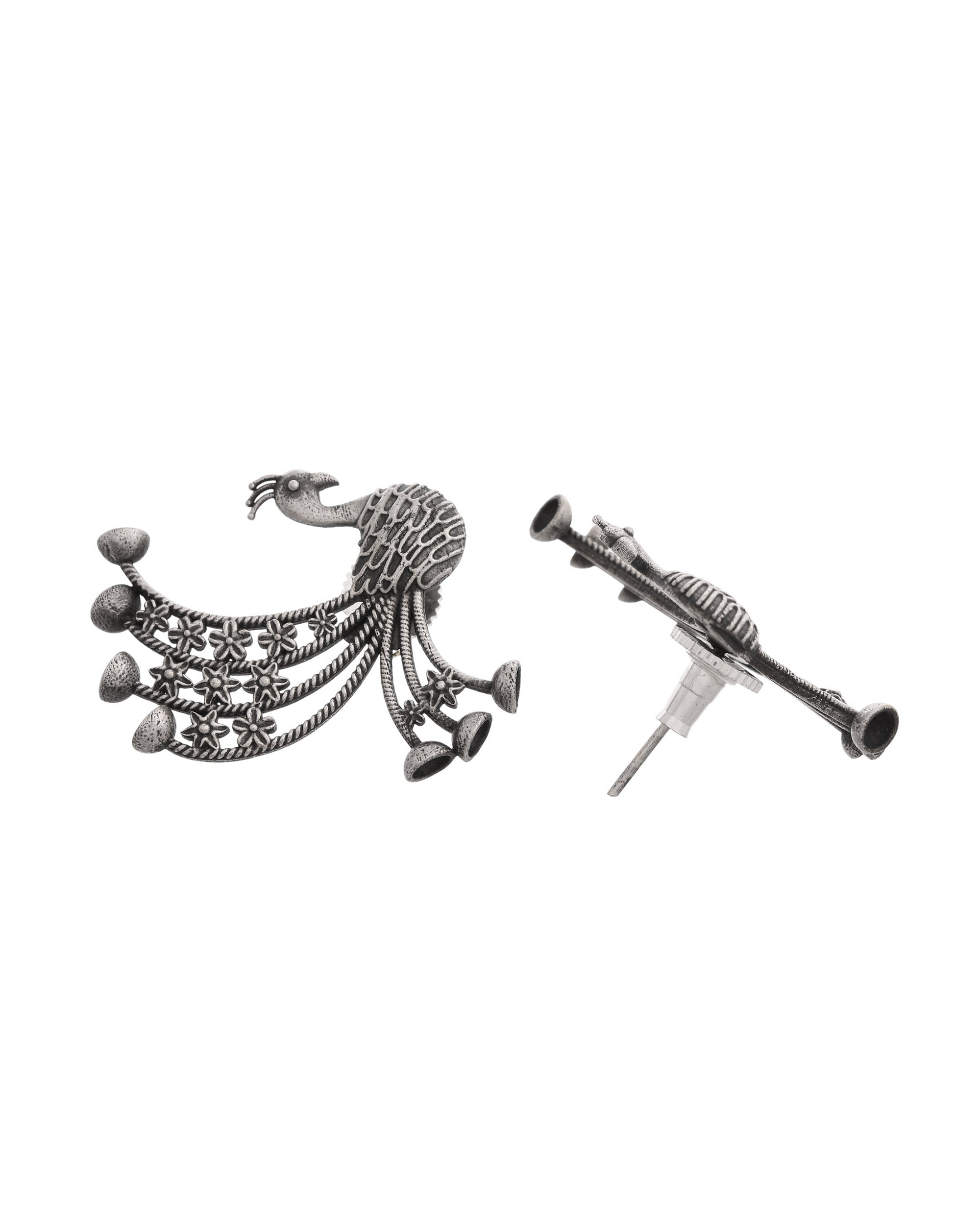 VOJ Silver Plated Dancing Peacock Shaped Studs Earrings