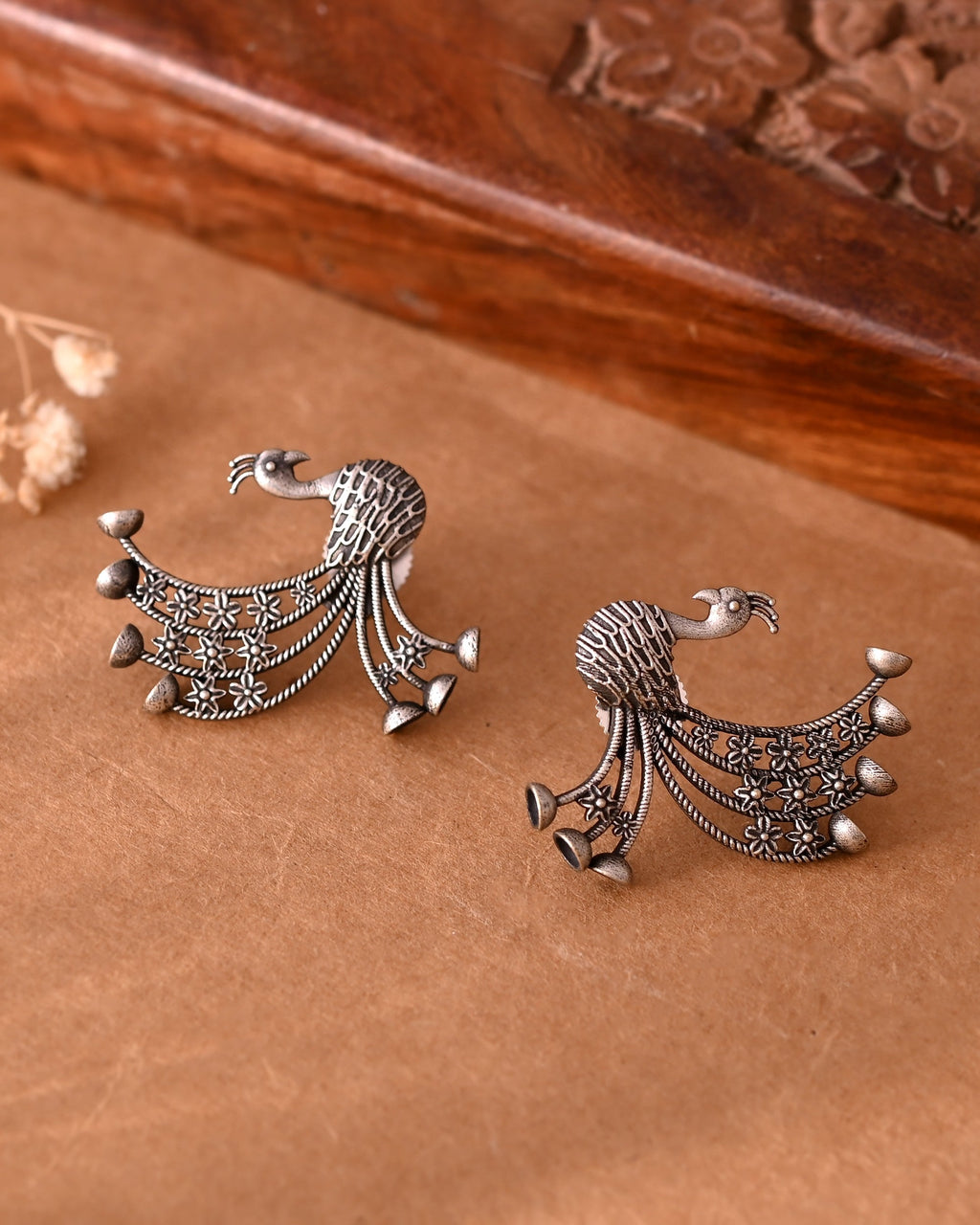 VOJ Silver Plated Dancing Peacock Shaped Studs Earrings