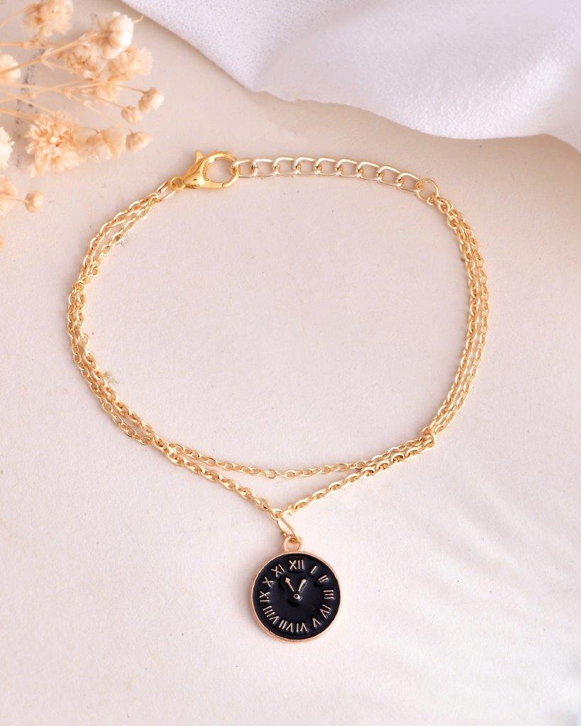 VOJ Gold-Polished Black Clock Charm Bracelet