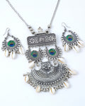 VOJ Oxidised Silver Plated Peacock Feather And Shell Jewellery Set