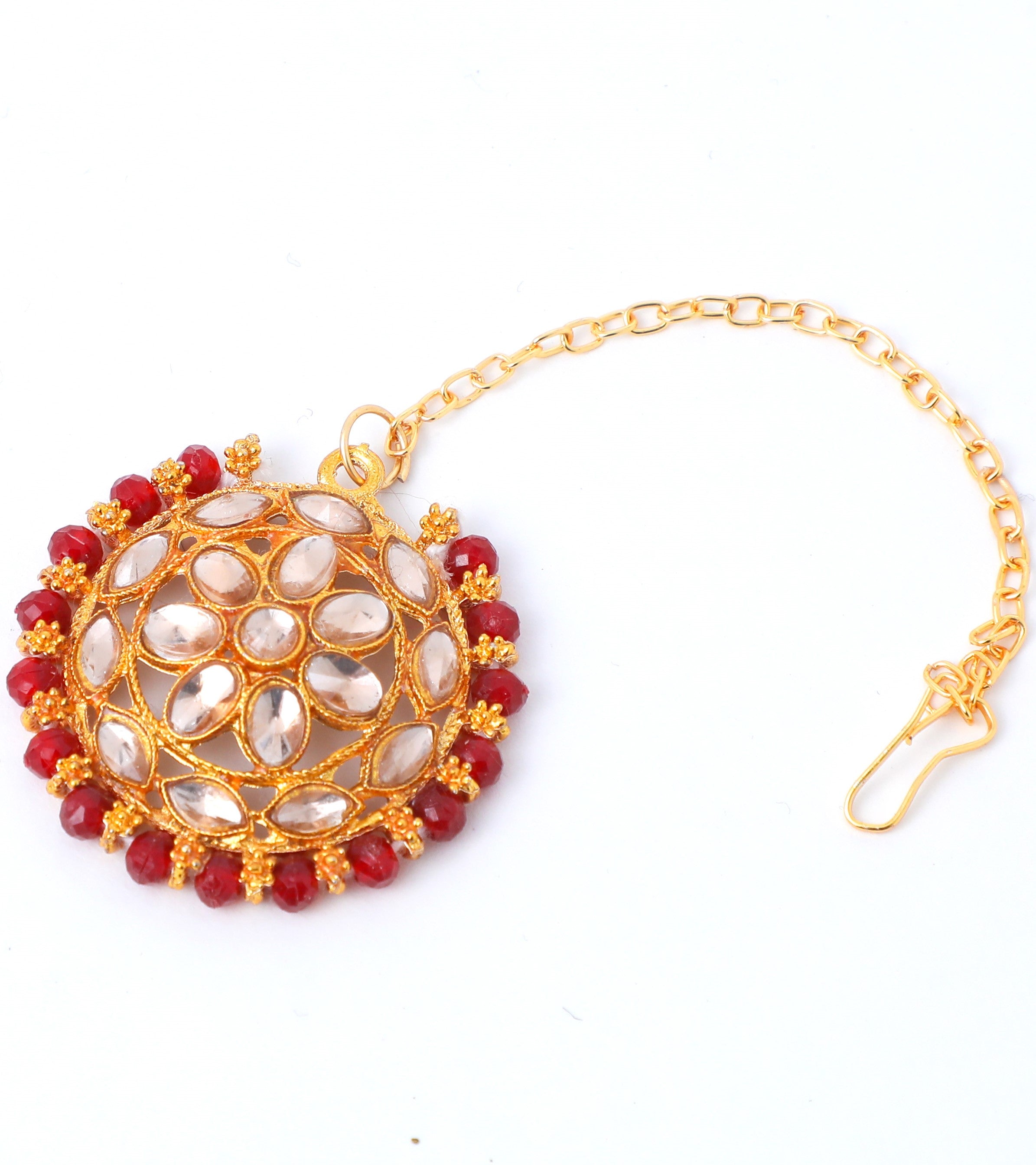 VOJ Gold-Polished Red Beads Kundan Choker Jewellery Set With Mang Tikka