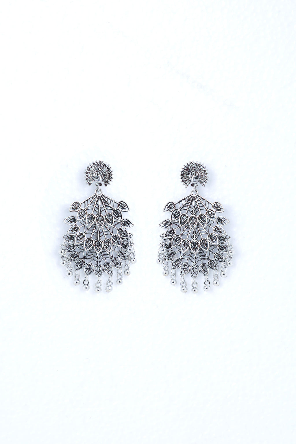 VOJ Silver Plated Oxidised Peacock Shaped Studded Earrings