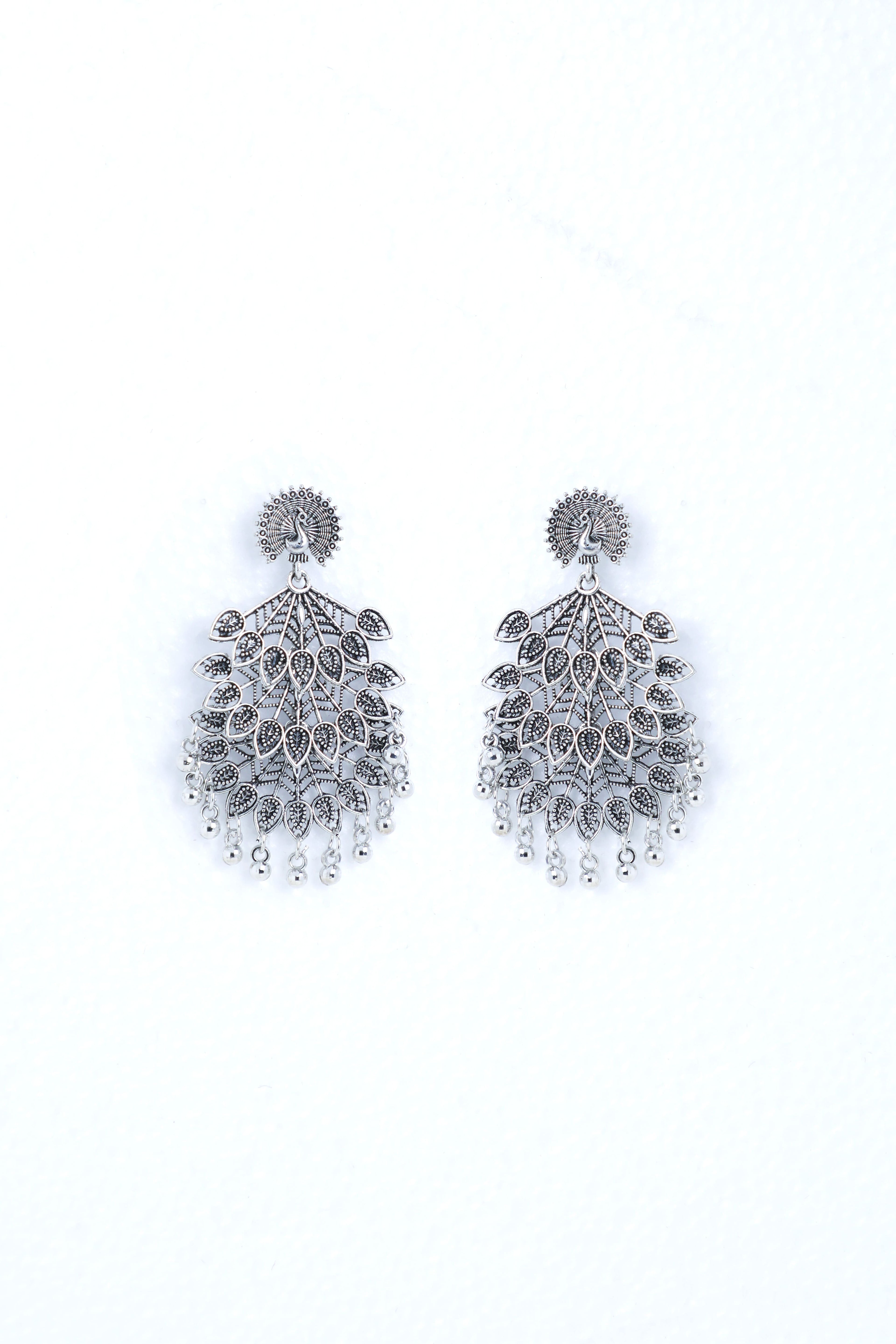 VOJ Silver Plated Oxidised Peacock Shaped Studded Earrings