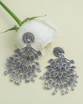 VOJ Silver Plated Oxidised Peacock Shaped Studded Earrings