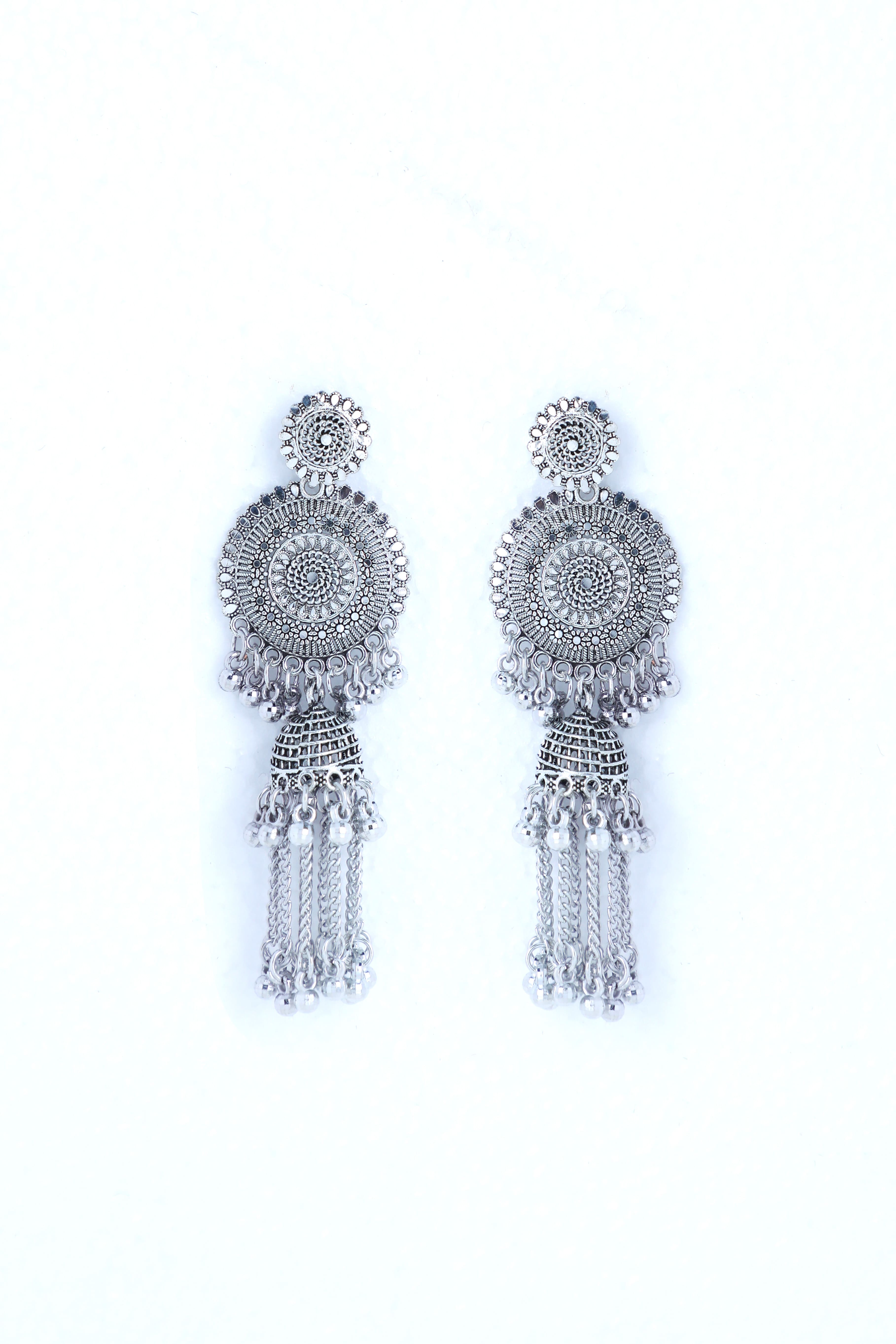 VOJ Silver Plated Oxidised Ghungharoo Studded Earrings