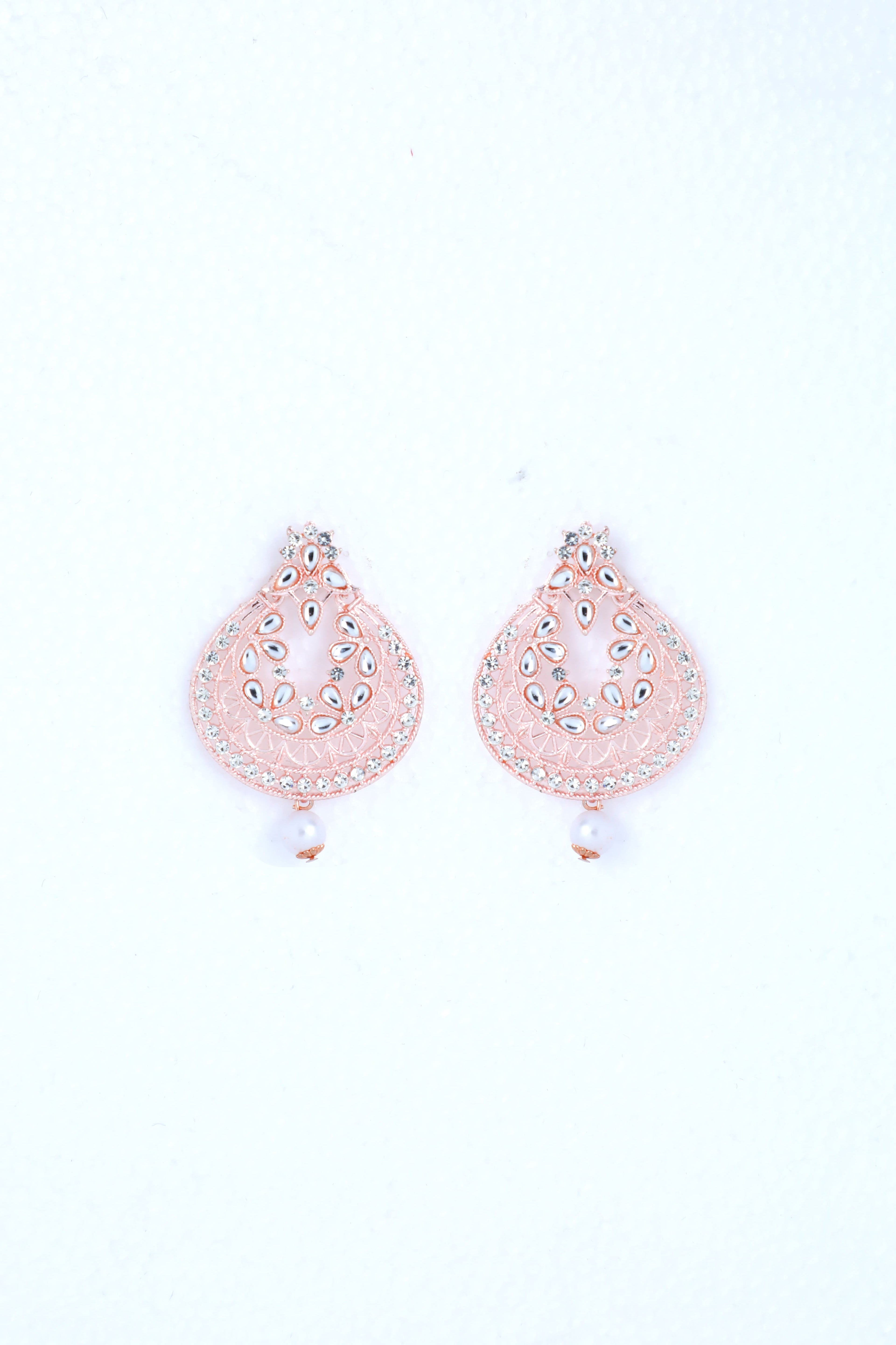 VOJ Gold-Polished With White Pearl And Stone Studded Earring With Mang Tikka Set