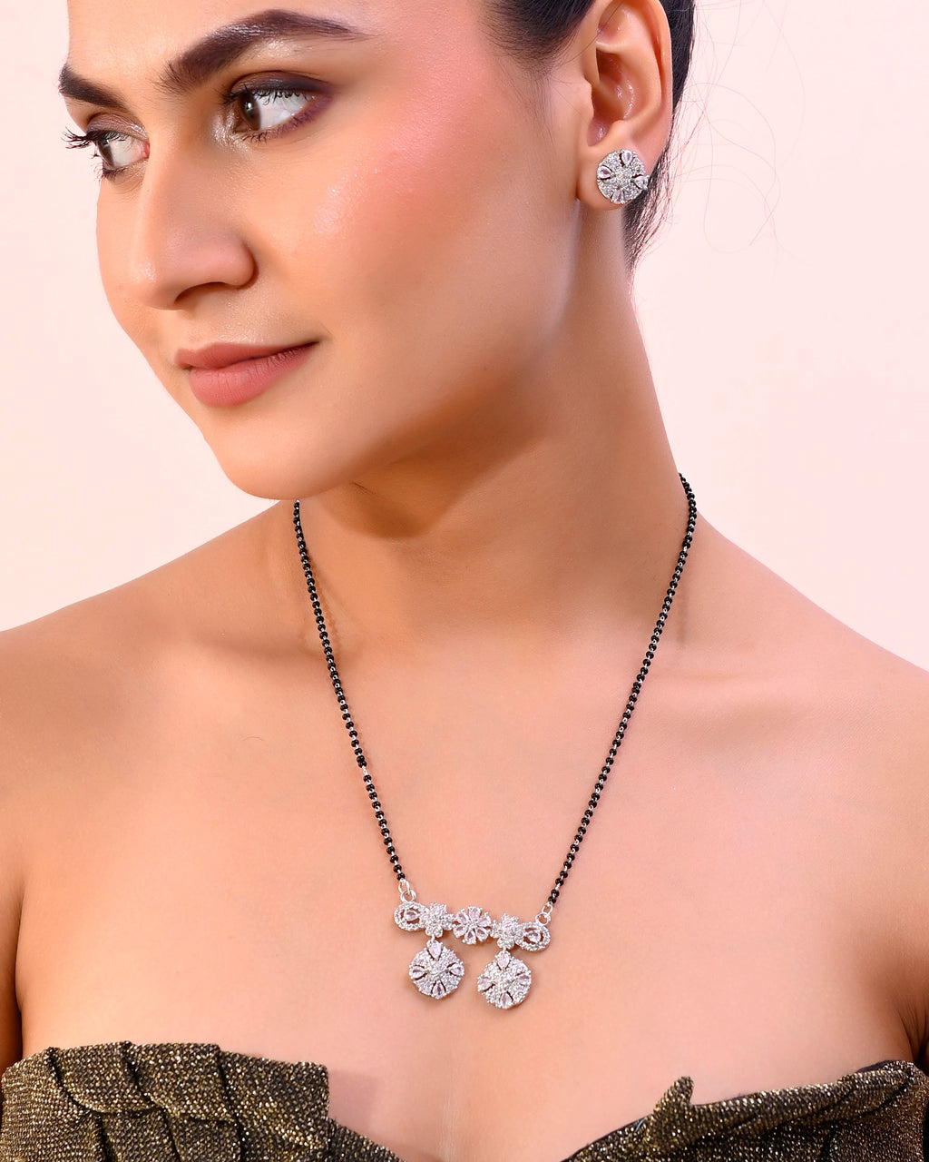 VOJ Silver-Plated Black Beaded & AD Studded Chain Mangalsutra Set