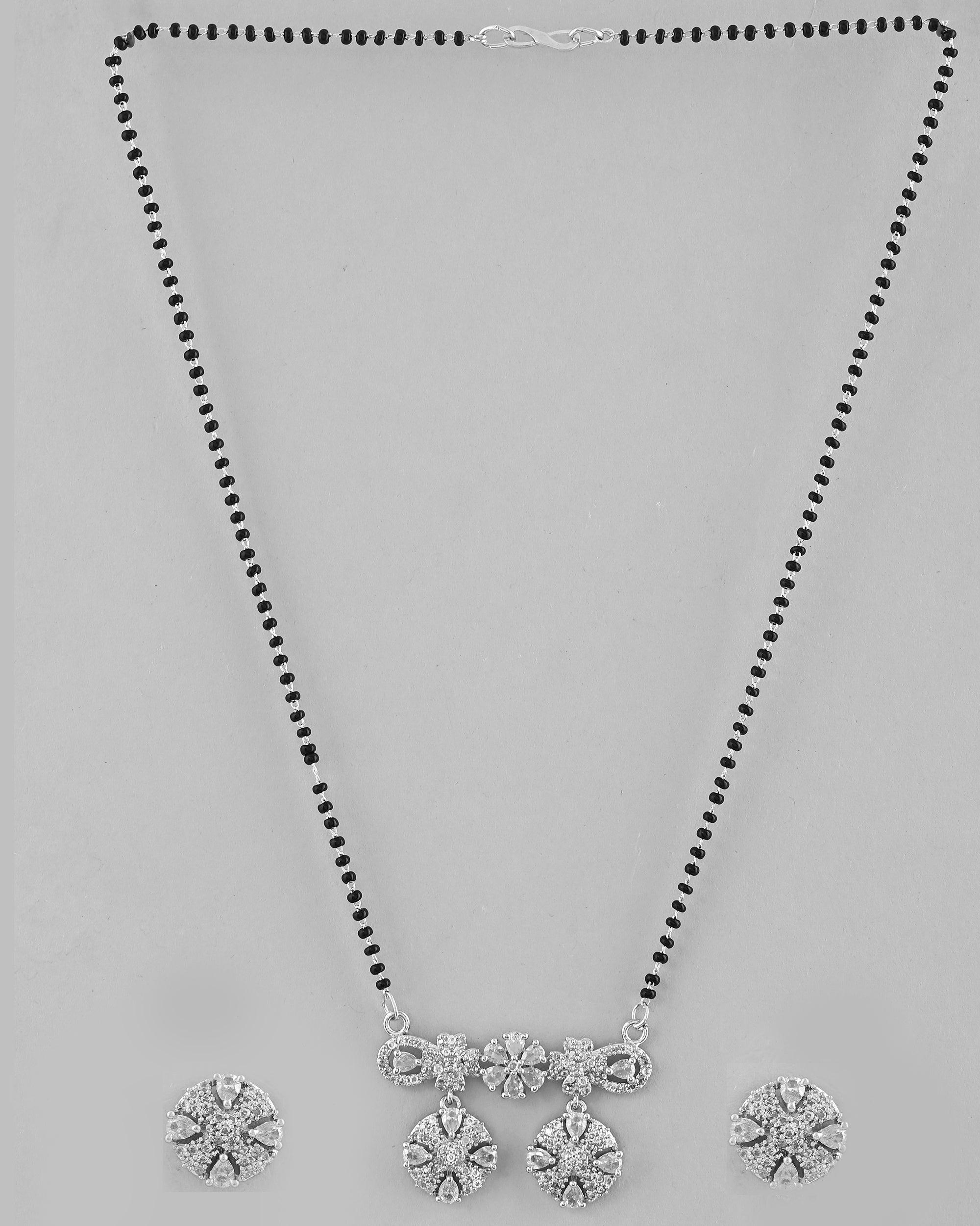 VOJ Silver-Plated Black Beaded & AD Studded Chain Mangalsutra Set