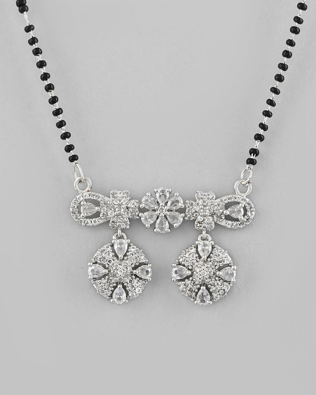 VOJ Silver-Plated Black Beaded & AD Studded Chain Mangalsutra Set