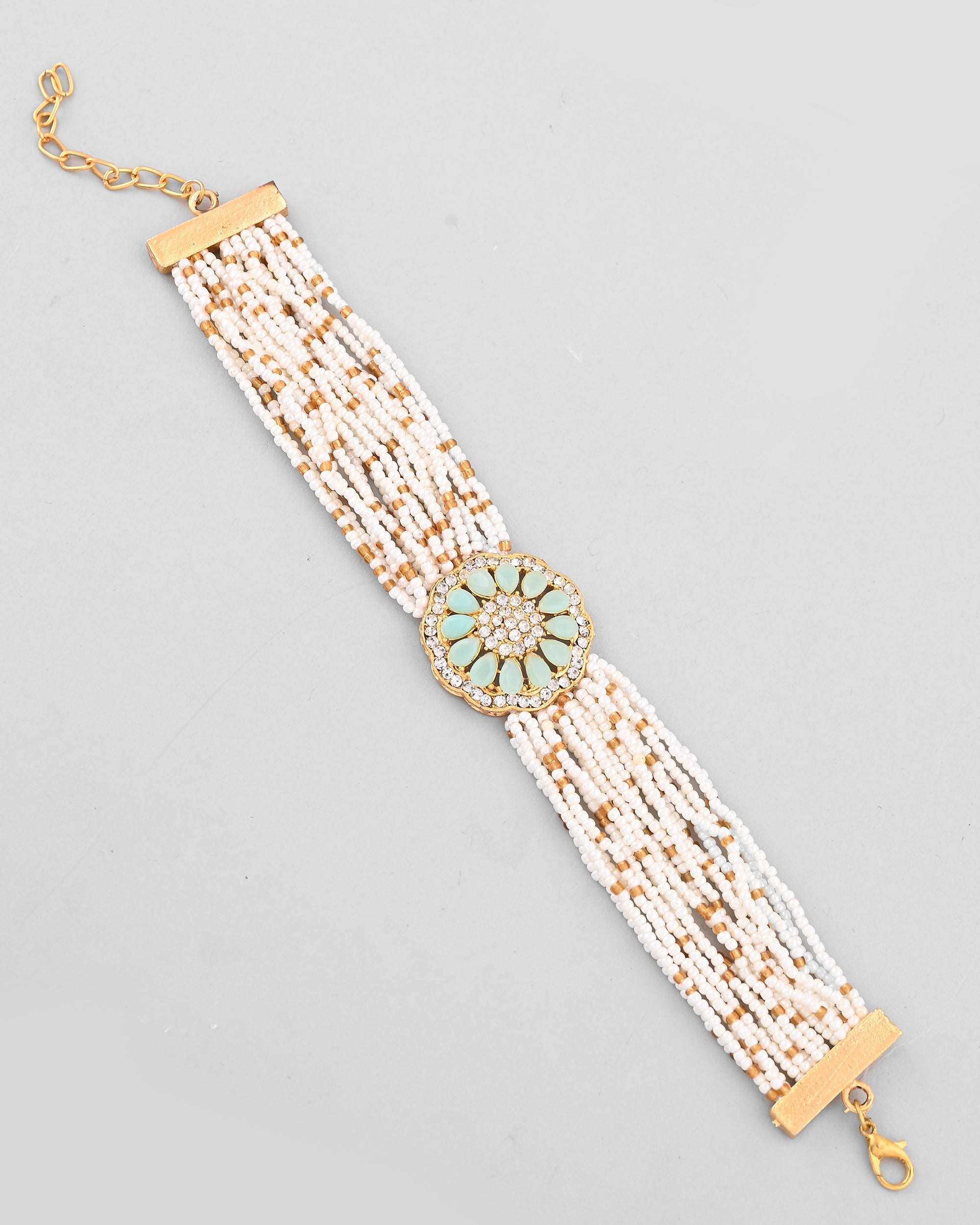 VOJ Gold-Polished Green Flower Studded And Beaded Mutli Layer Bracelet