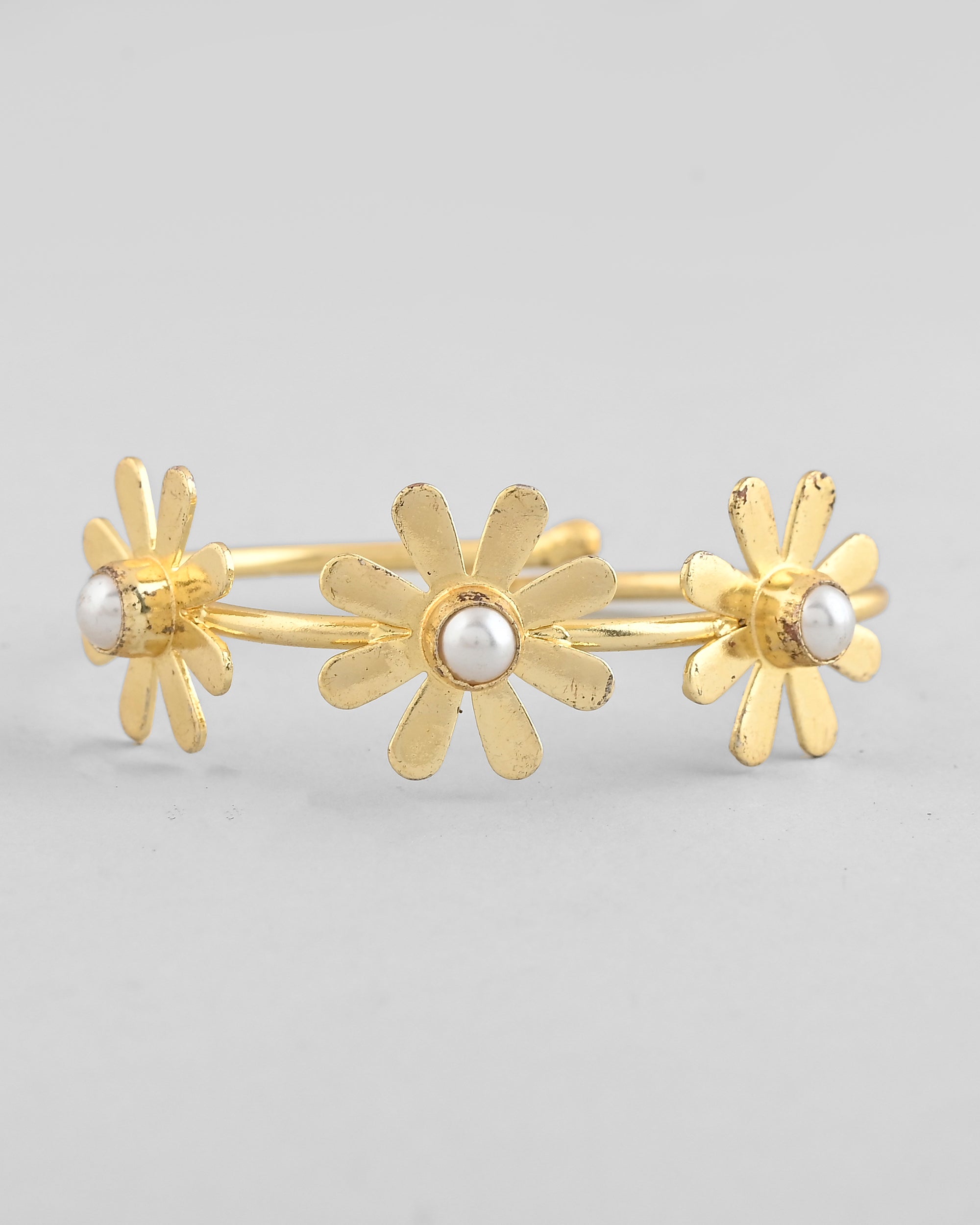 VOJ Gold-Polished with 3 Flower and Pearl Kada Bracelet