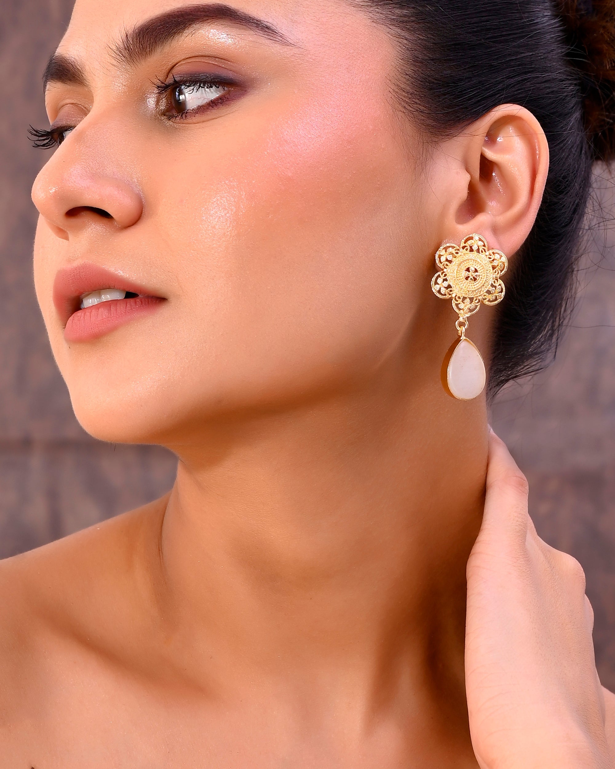 VOJ Gold-Polished Flower Shaped Stone Studded Drop Earrings