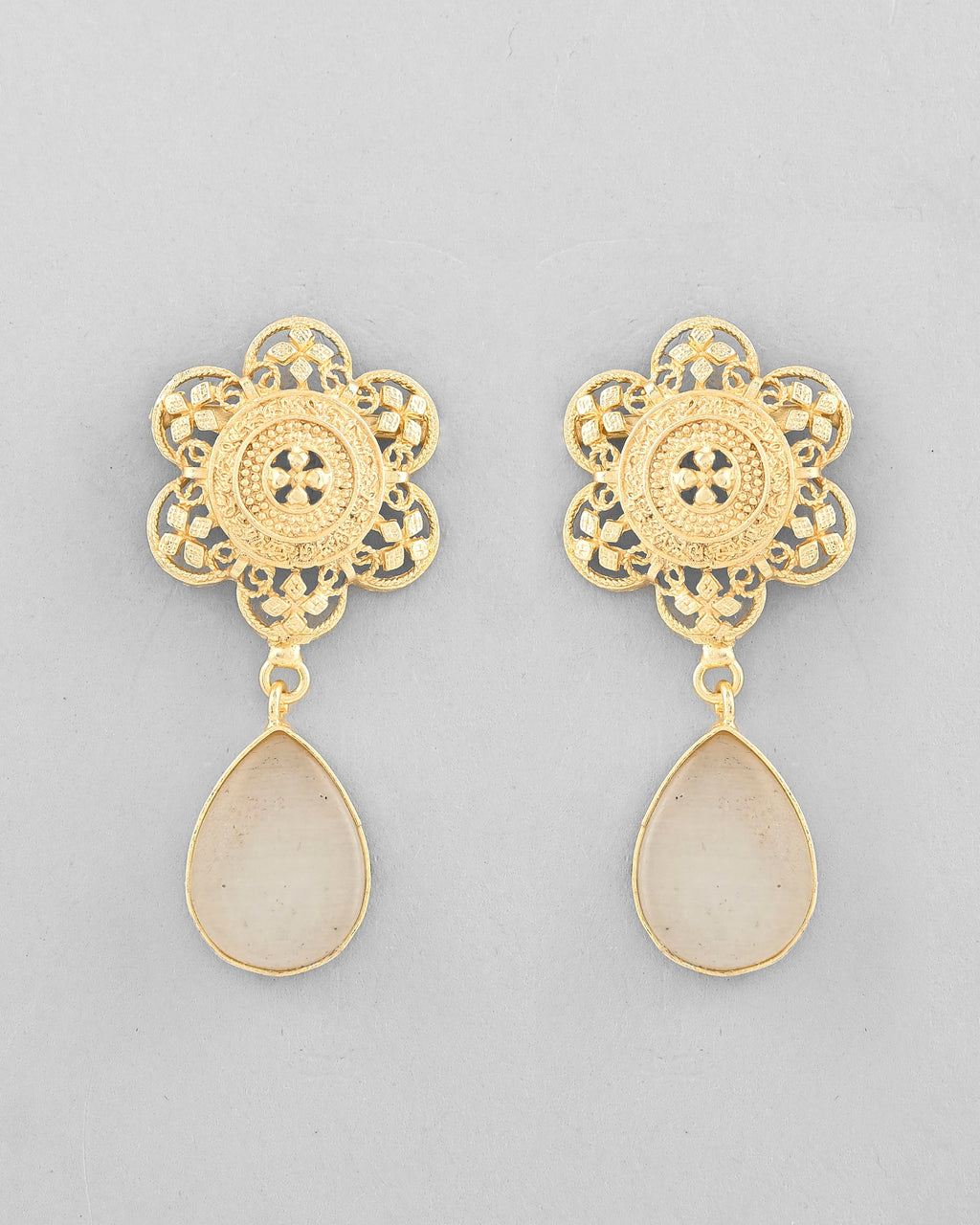 VOJ Gold-Polished Flower Shaped Stone Studded Drop Earrings