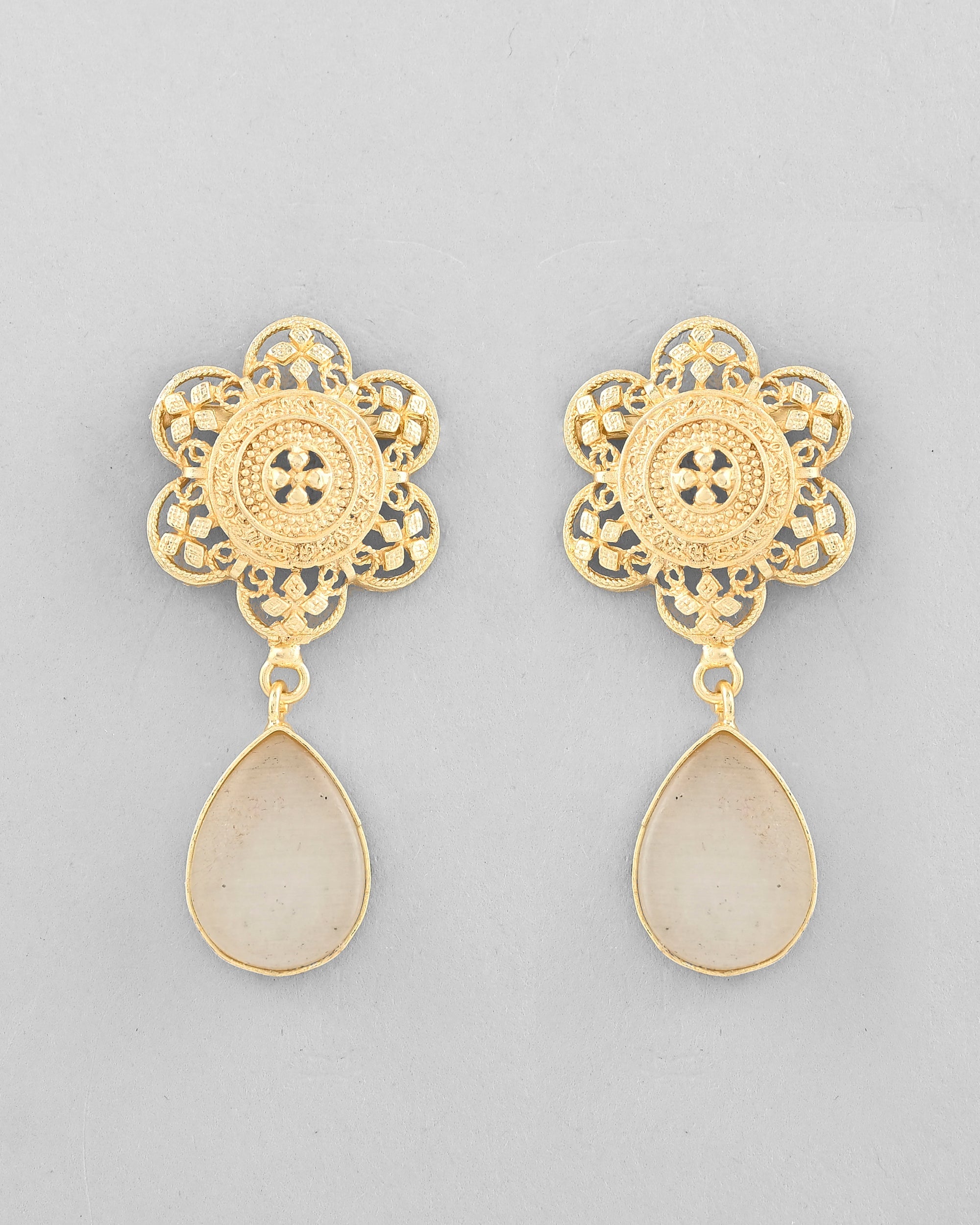 VOJ Gold-Polished Flower Shaped Stone Studded Drop Earrings