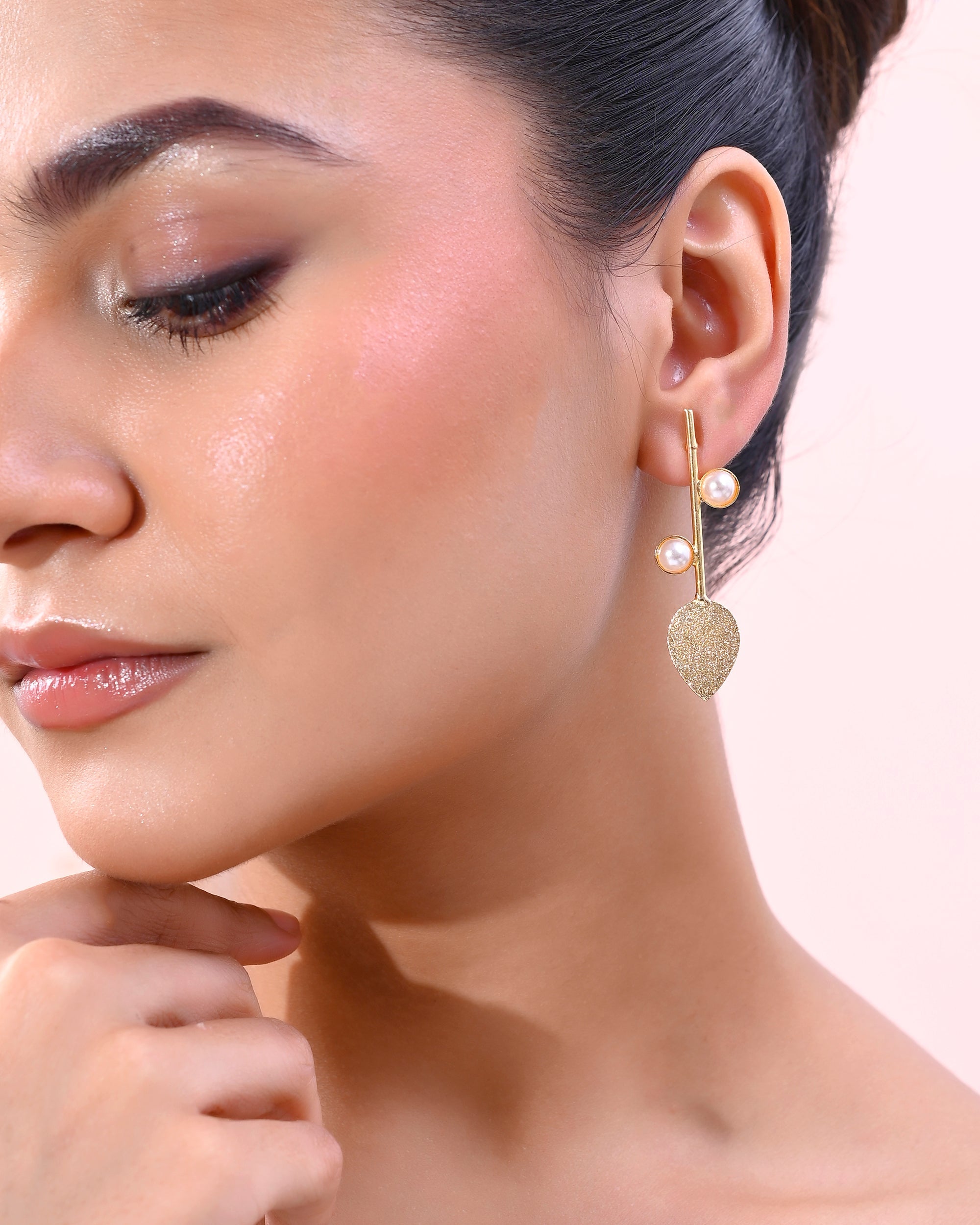 VOJ Gold-Polished Leaf Shaped with Pearl Studded Earrings