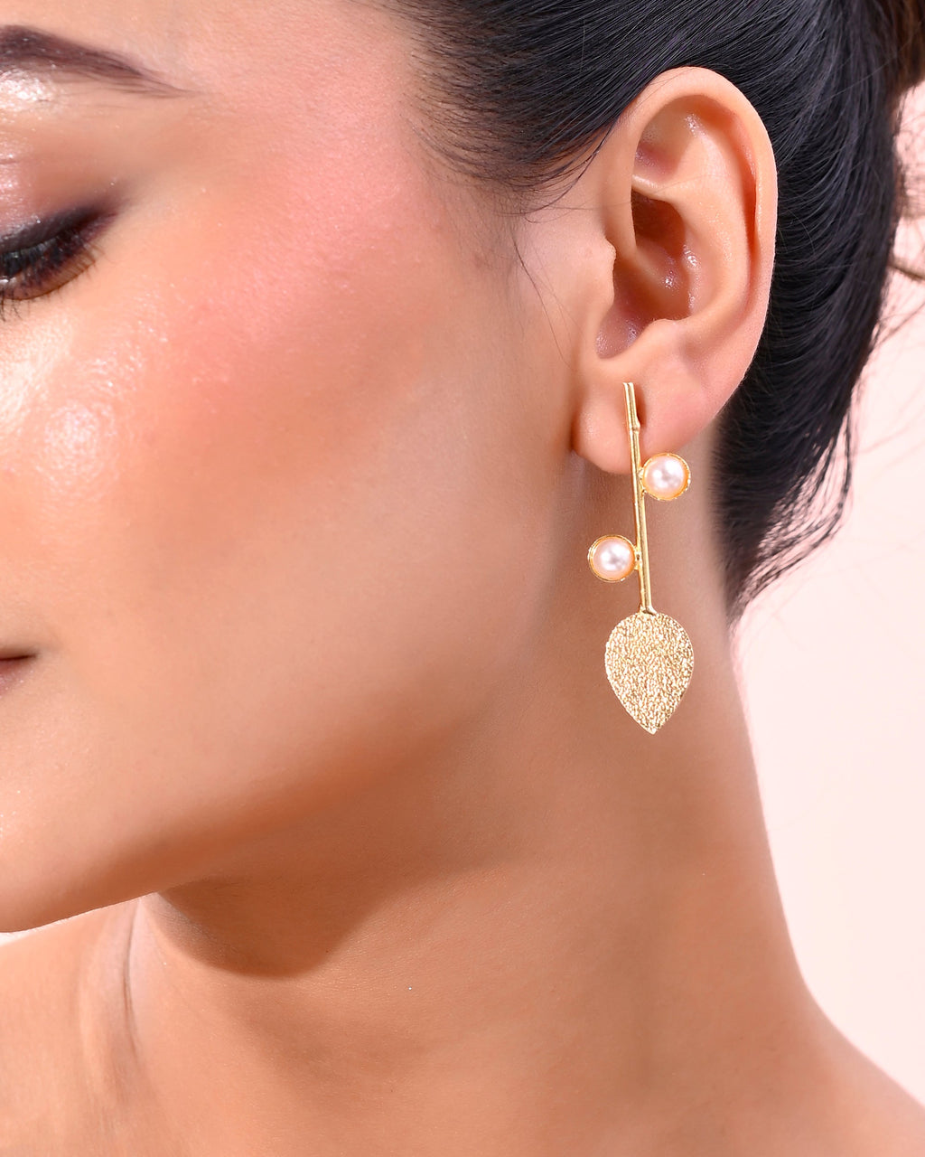 VOJ Gold-Polished Leaf Shaped with Pearl Studded Earrings