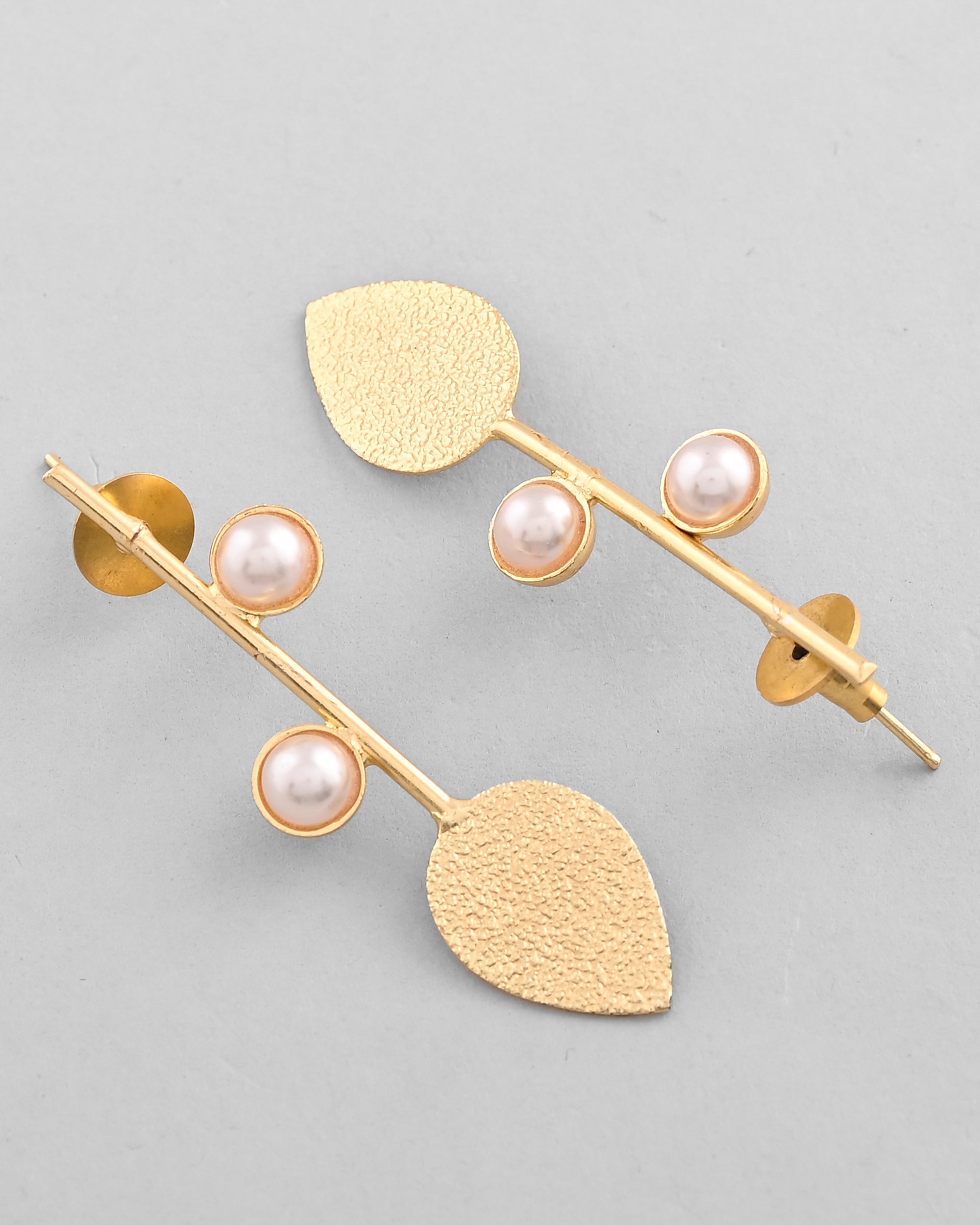 VOJ Gold-Polished Leaf Shaped with Pearl Studded Earrings