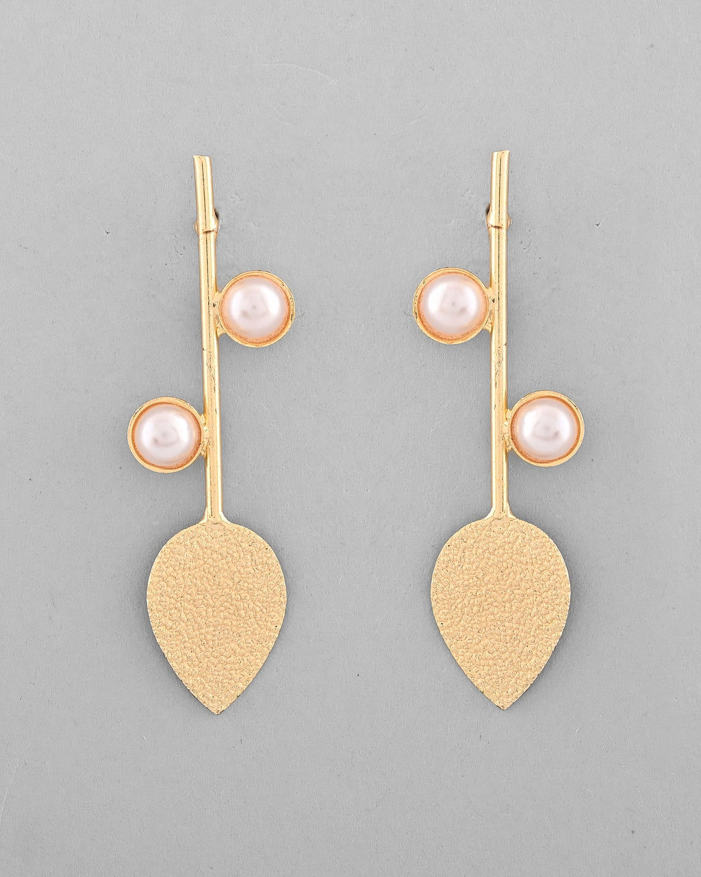 VOJ Gold-Polished Leaf Shaped with Pearl Studded Earrings