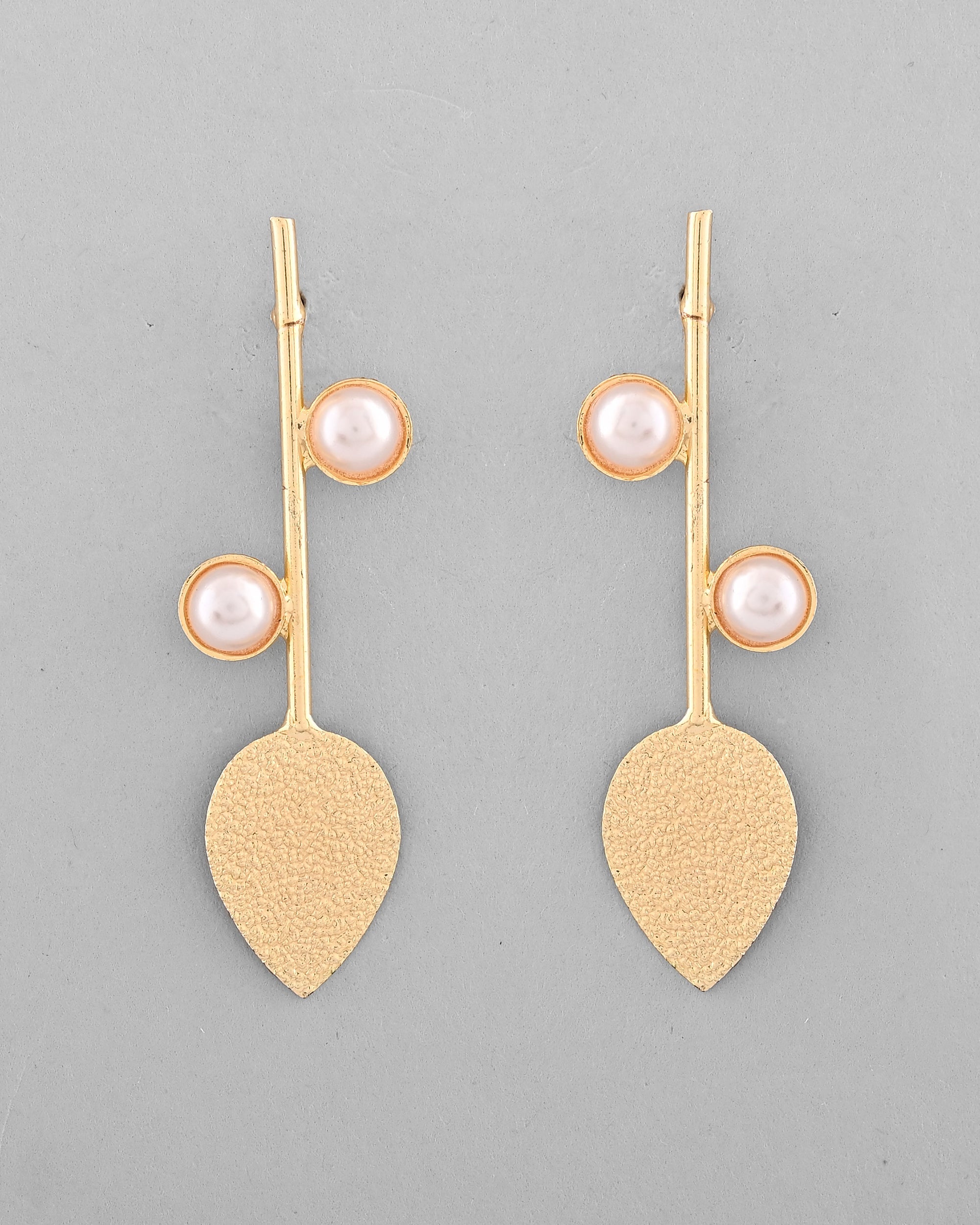 VOJ Gold-Polished Leaf Shaped with Pearl Studded Earrings