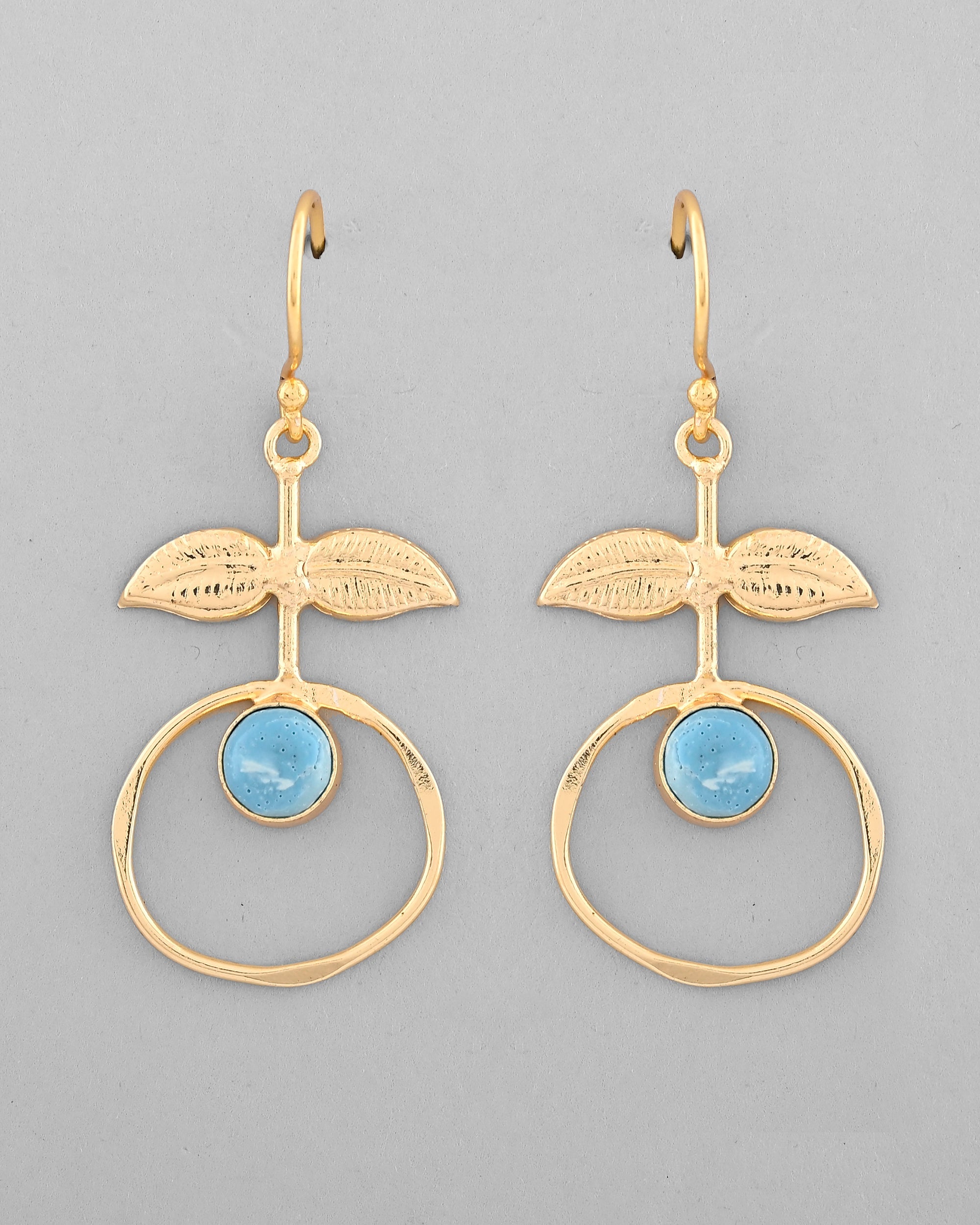 VOJ Gold-Polished Blue Stone Studded Circular Drop Earrings