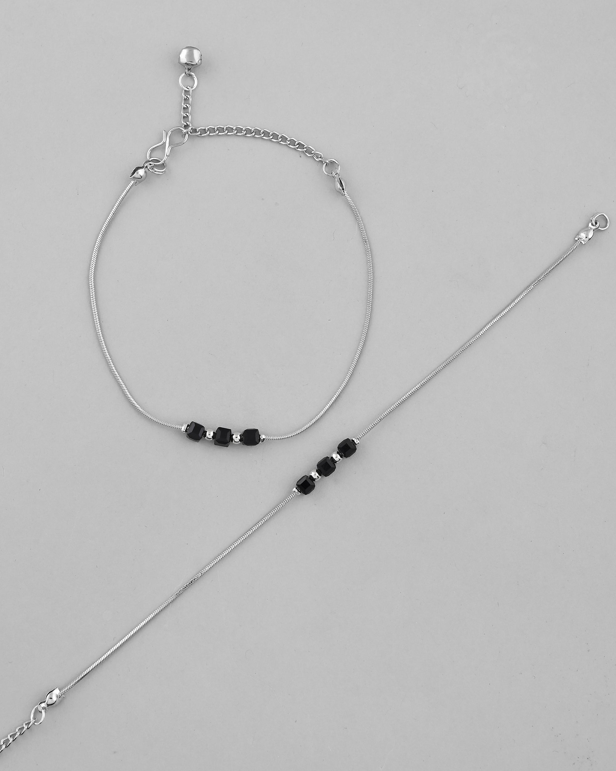 VOJ Set Of 2 Silver Plated With Black Beads Anklet