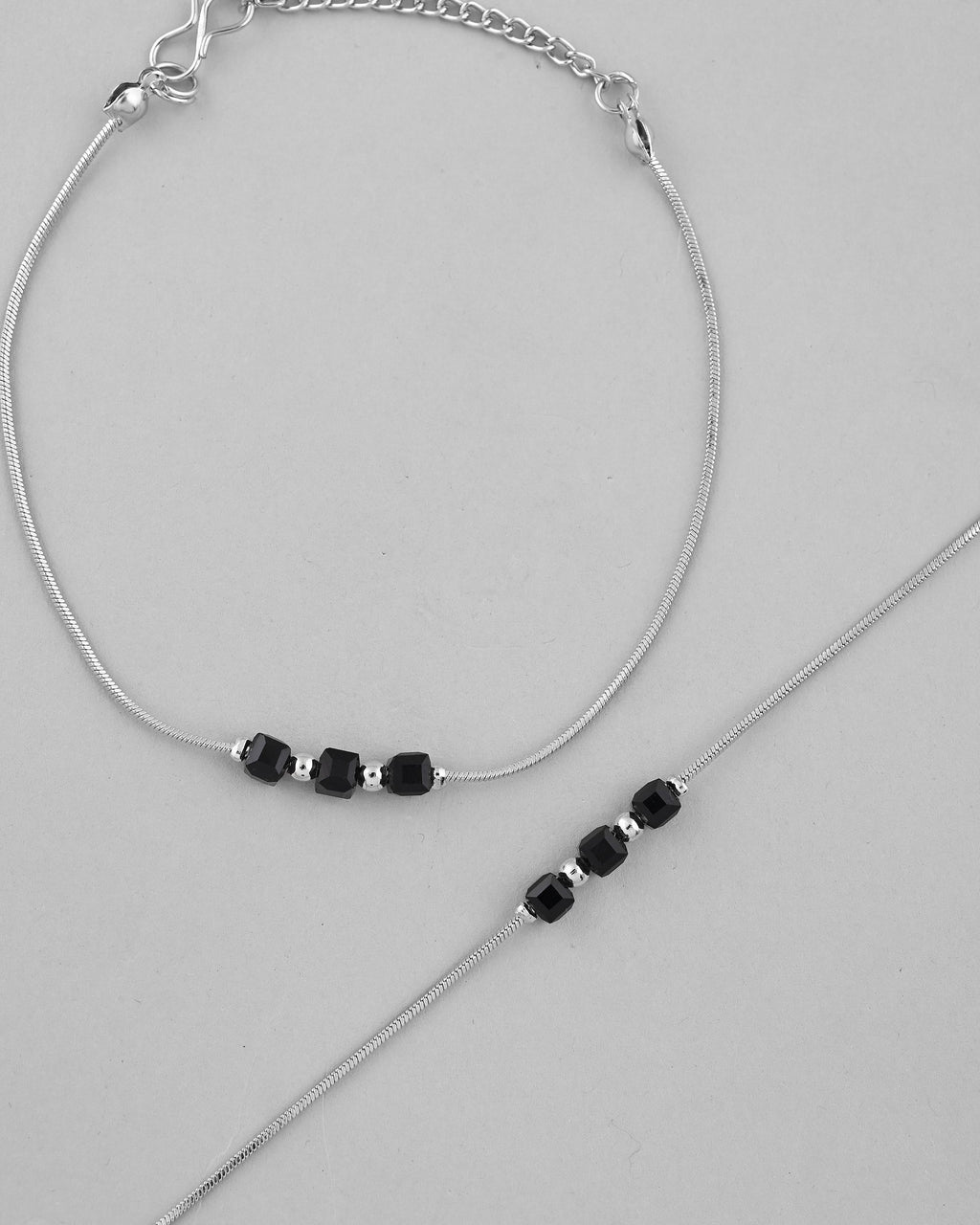 VOJ Set Of 2 Silver Plated With Black Beads Anklet