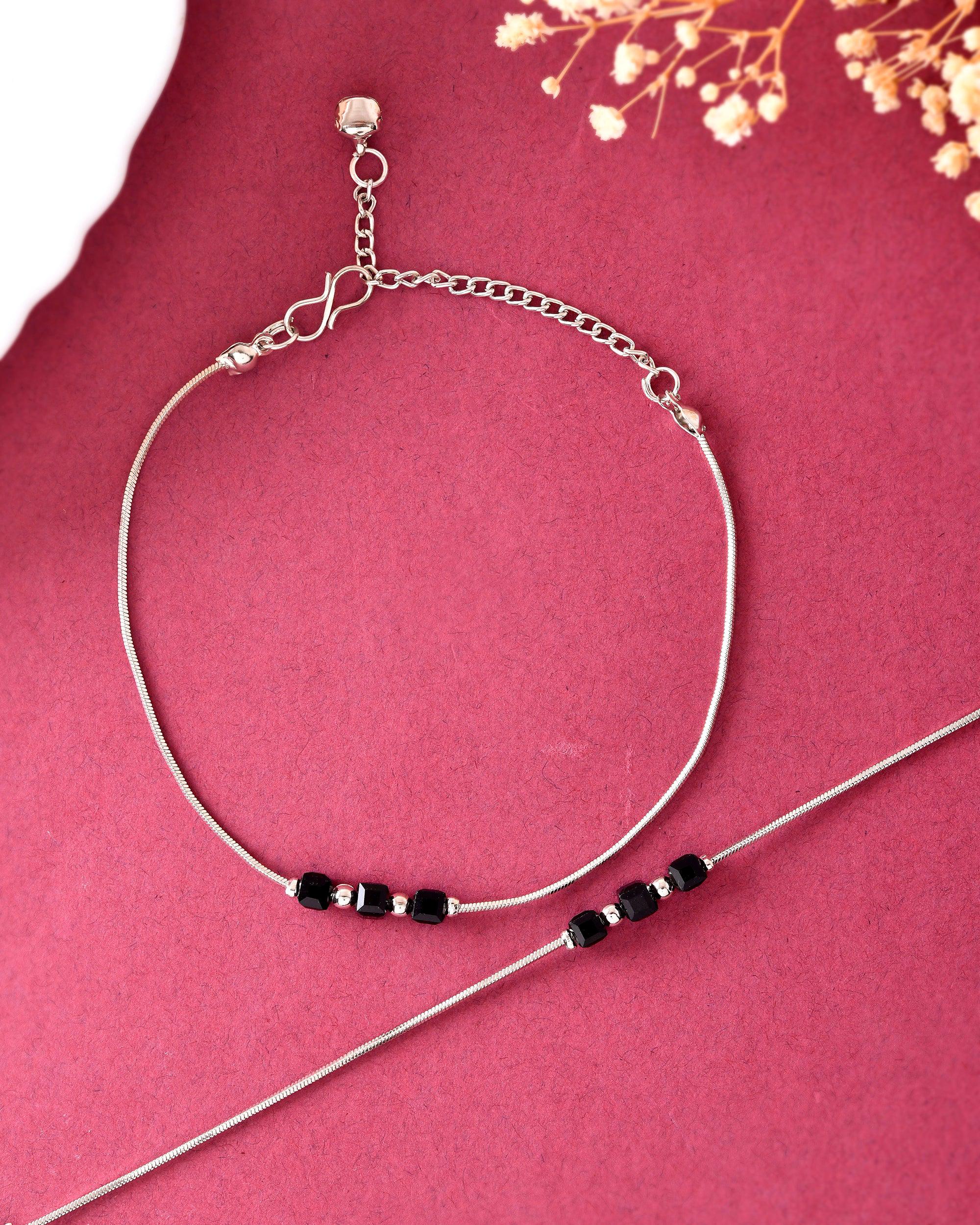 VOJ Set Of 2 Silver Plated With Black Beads Anklet