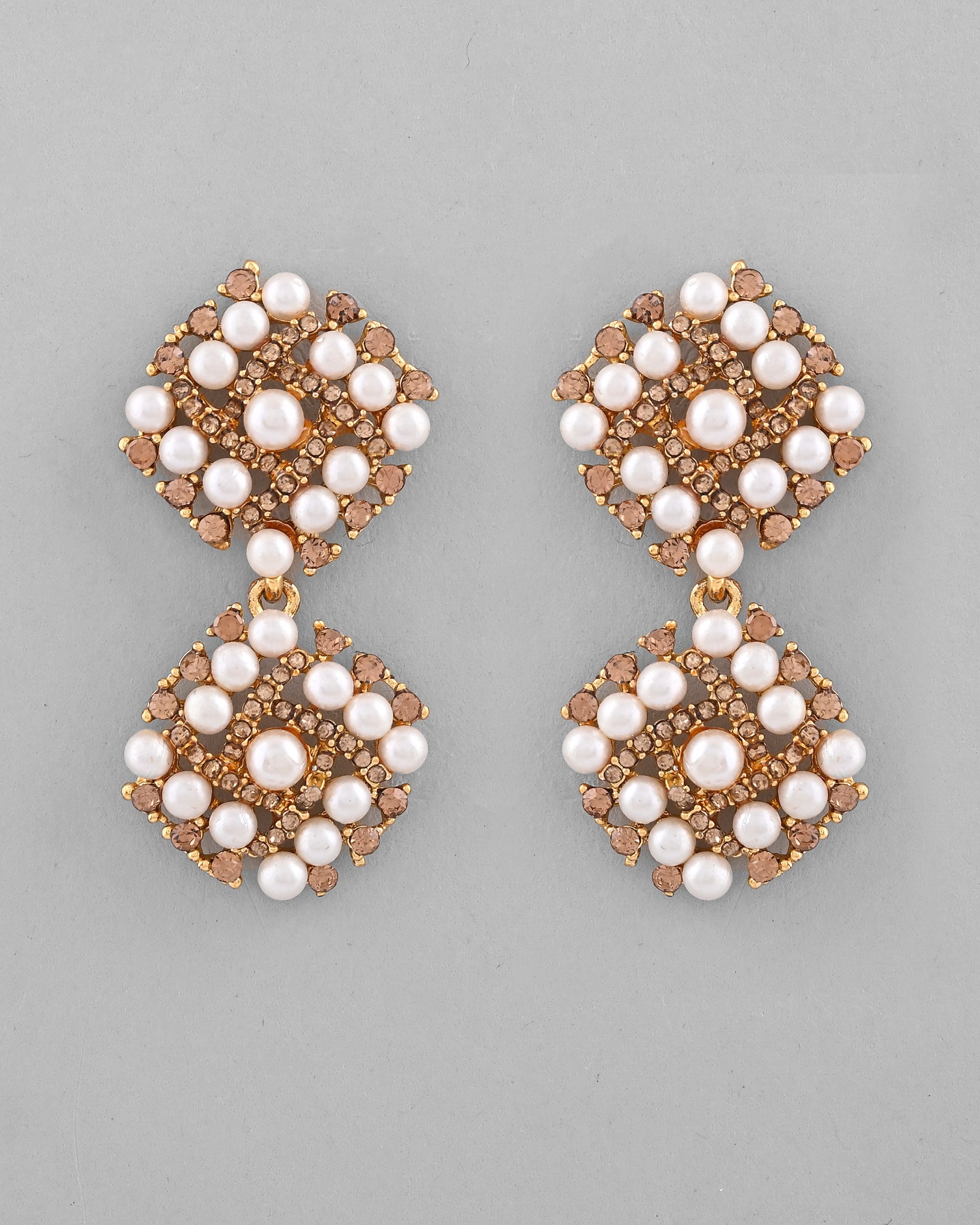 VOJ Gold-Polished Pearl And Gold Stone Drop Stud Earrings