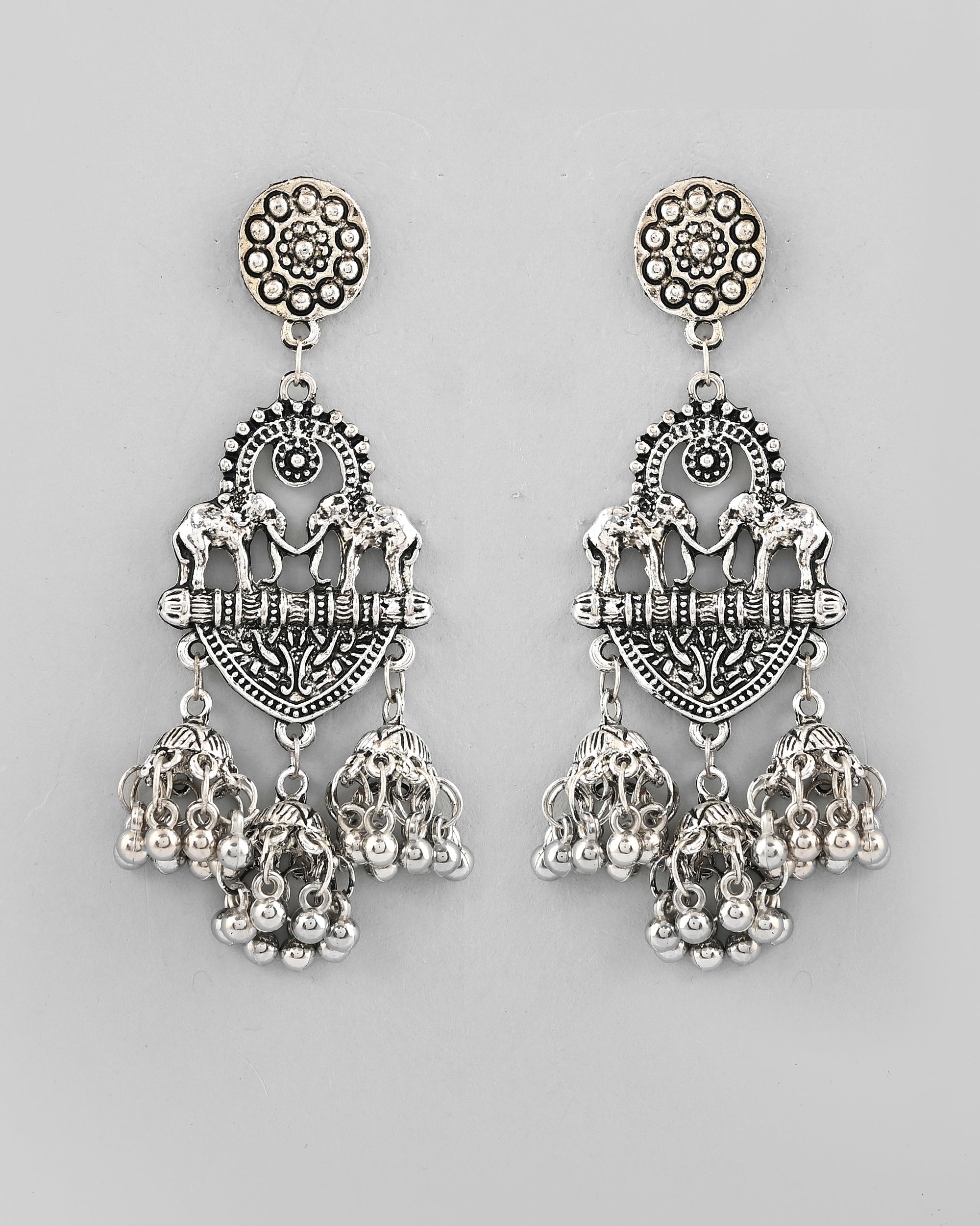 VOJ Silver-Plated Elephant Oxidized Contemporary Drop Earrings