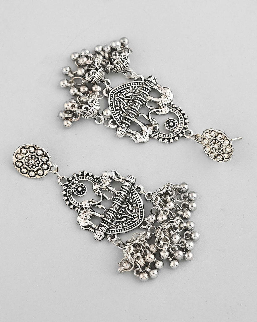 VOJ Silver-Plated Elephant Oxidized Contemporary Drop Earrings