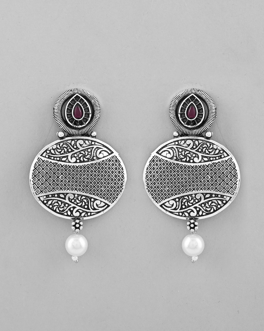 VOJ Rhodium-Plated Oxidized Contemporary With Pearl Earrings