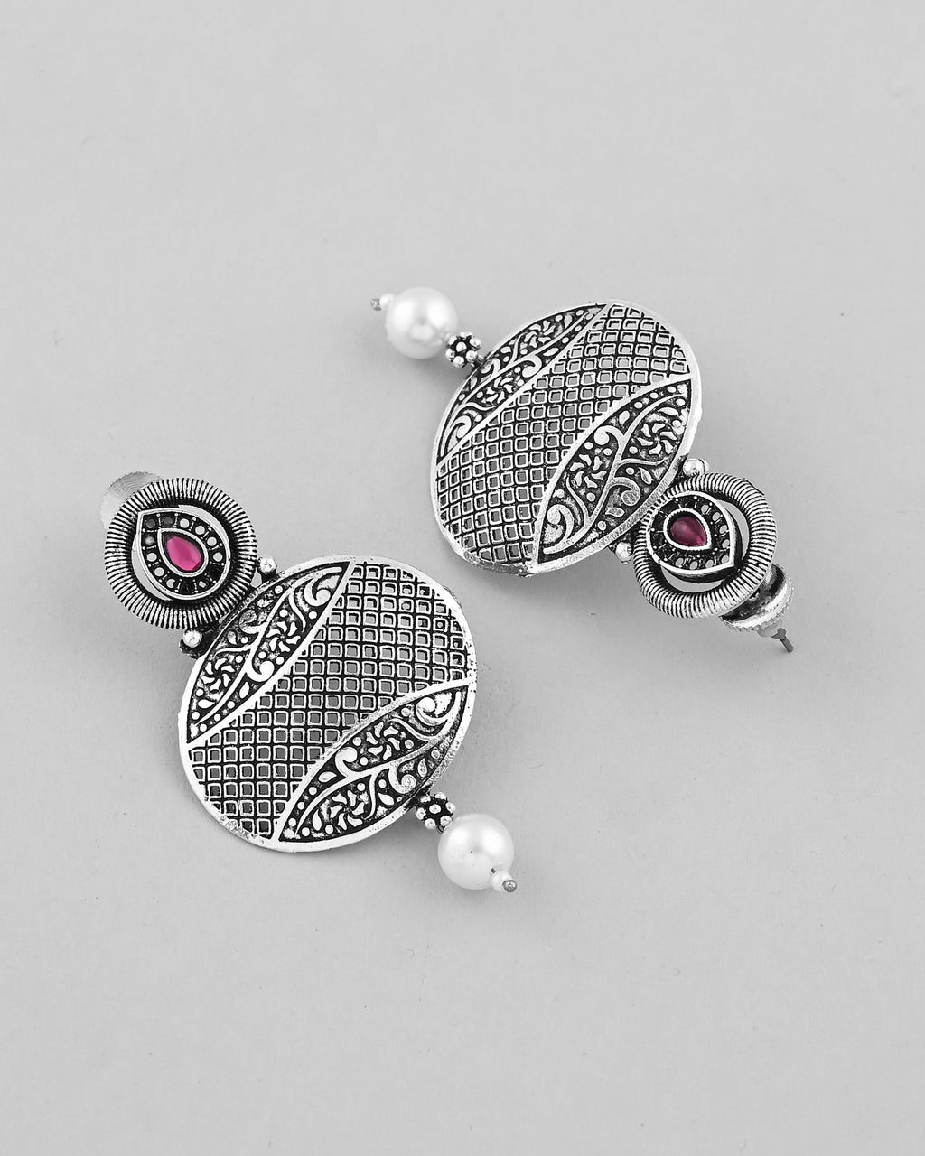 VOJ Rhodium-Plated Oxidized Contemporary With Pearl Earrings