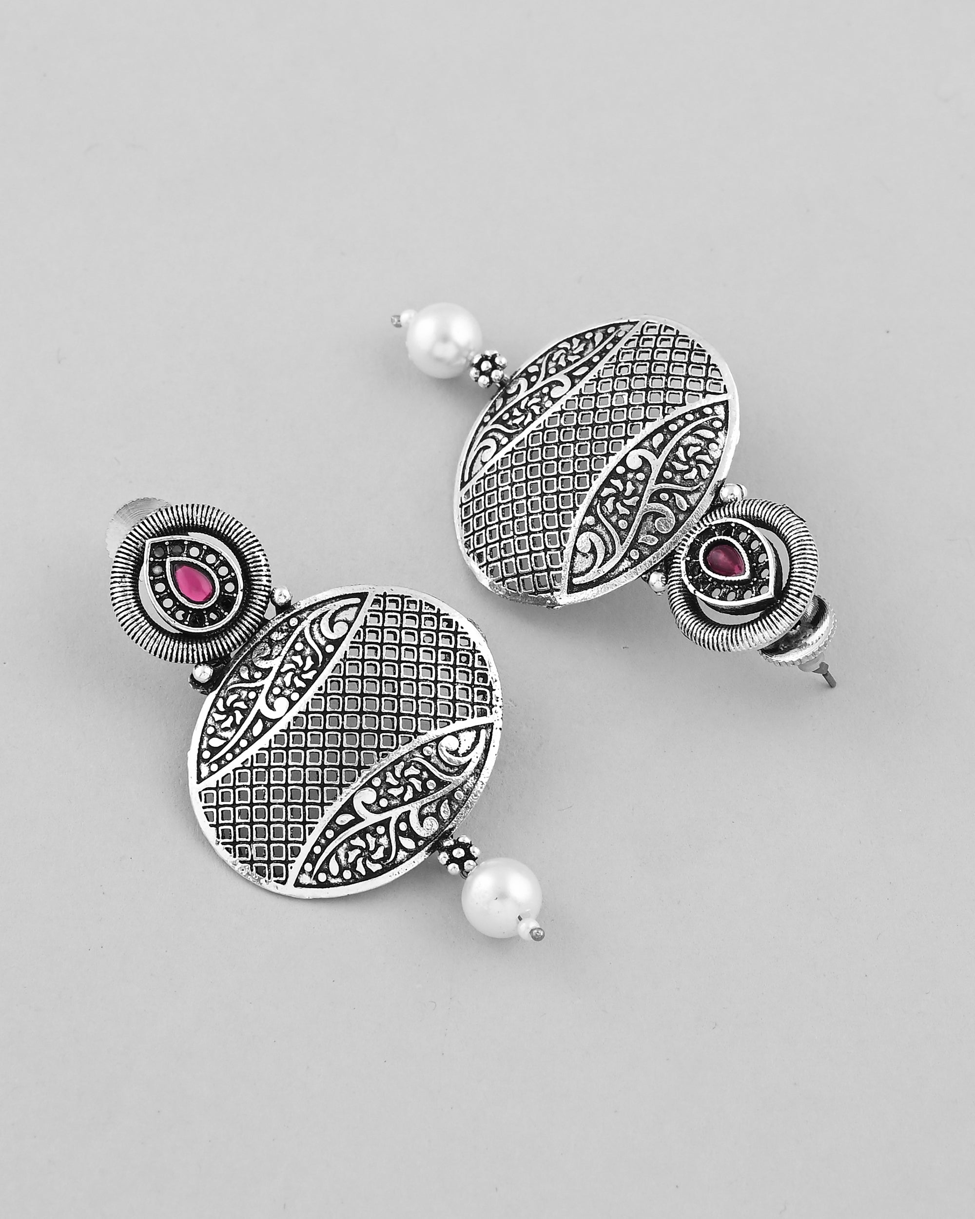 VOJ Rhodium-Plated Oxidized Contemporary With Pearl Earrings