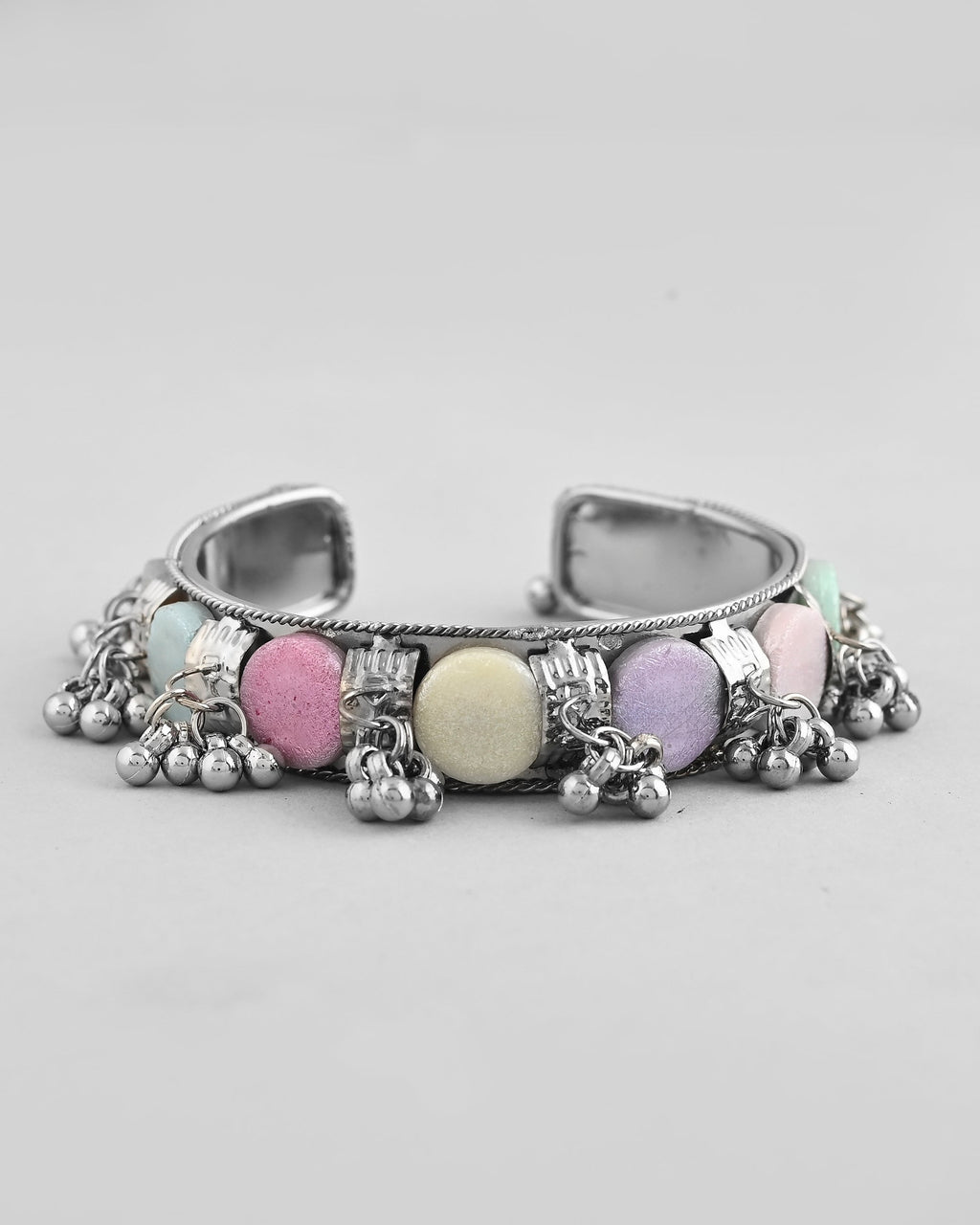 VOJ Silver-Plated Multi Colour Stone And Ghungroo Studded Oxidized Cuff Bracelet