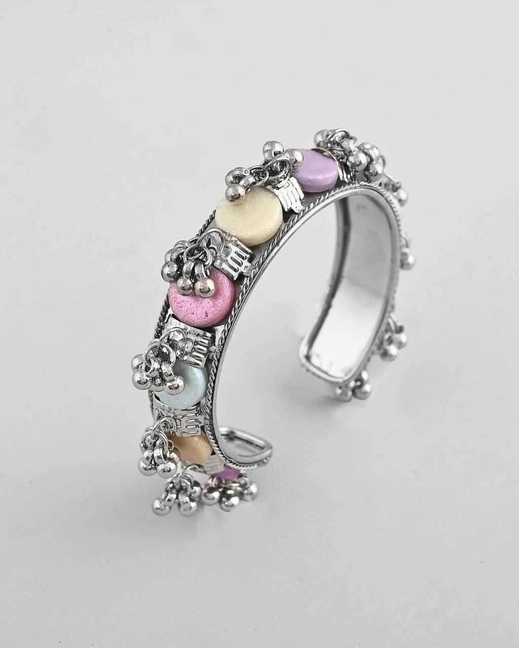 VOJ Silver-Plated Multi Colour Stone And Ghungroo Studded Oxidized Cuff Bracelet