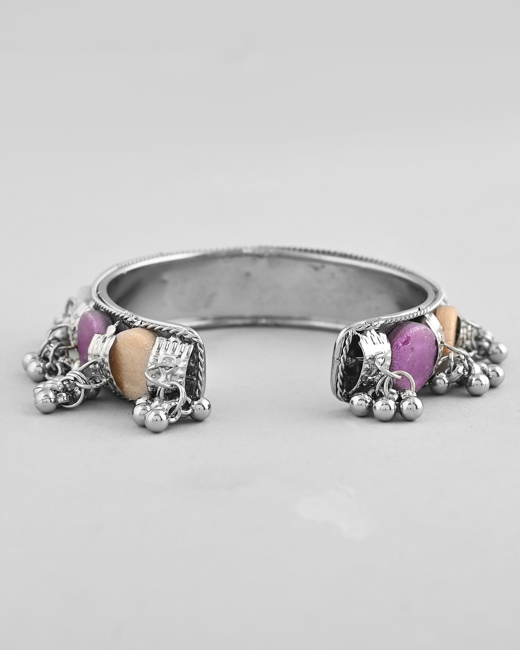 VOJ Silver-Plated Multi Colour Stone And Ghungroo Studded Oxidized Cuff Bracelet