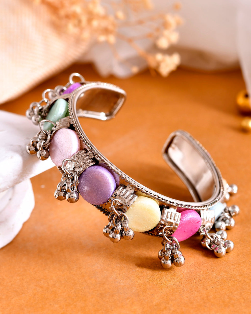 VOJ Silver-Plated Multi Colour Stone And Ghungroo Studded Oxidized Cuff Bracelet