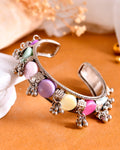 VOJ Silver-Plated Multi Colour Stone And Ghungroo Studded Oxidized Cuff Bracelet