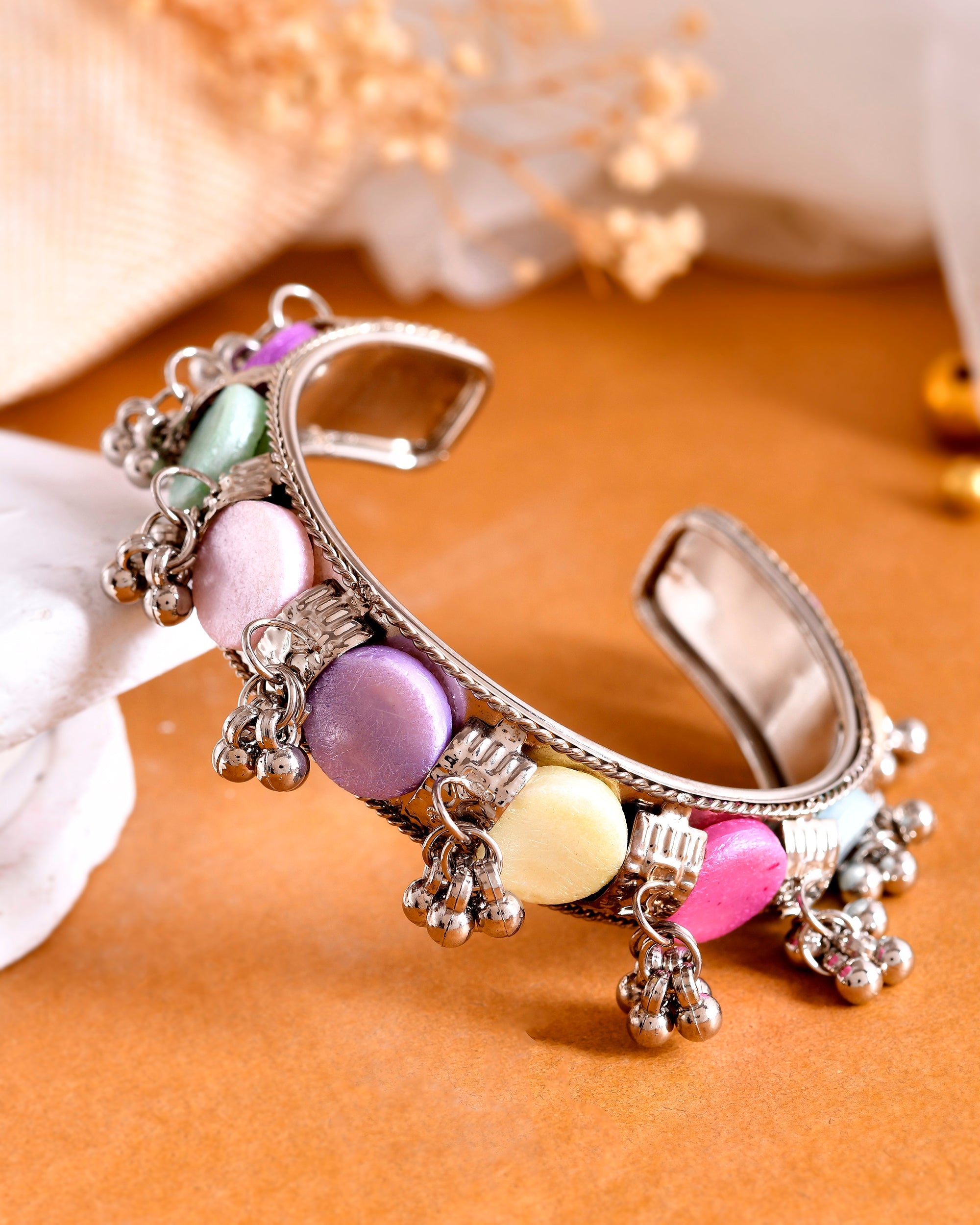 VOJ Silver-Plated Multi Colour Stone And Ghungroo Studded Oxidized Cuff Bracelet