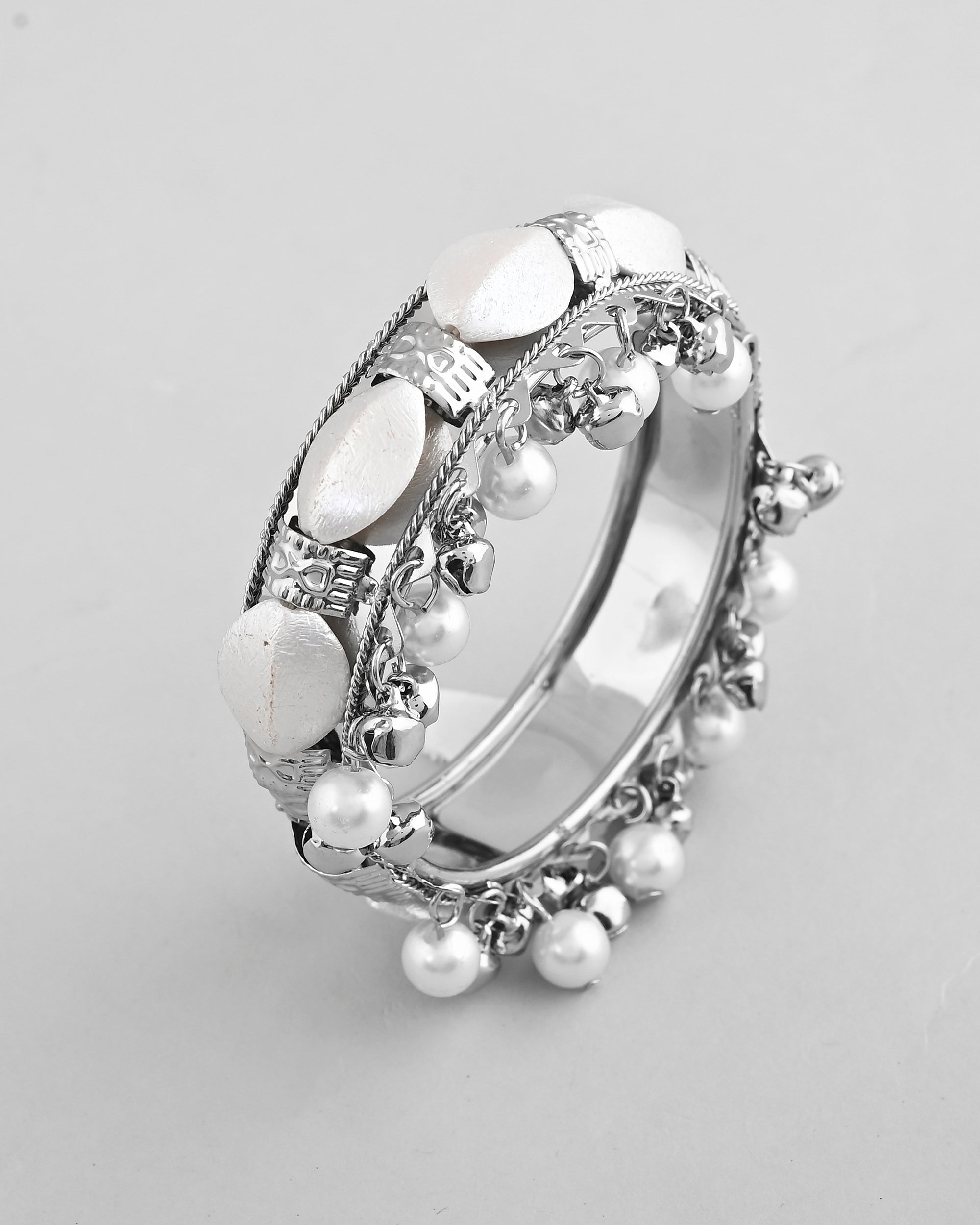 VOJ Silver-Plated Pearl And Ghungroo Studded Oxidized Cuff Bracelet