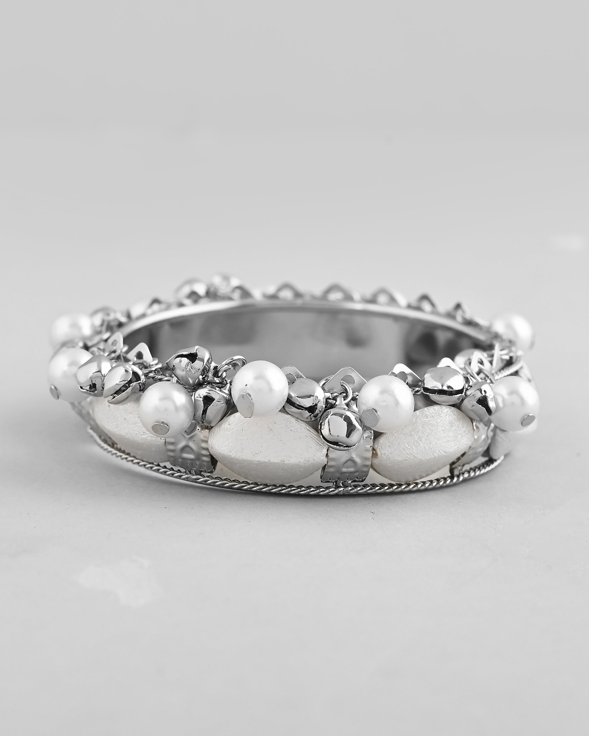 VOJ Silver-Plated Pearl And Ghungroo Studded Oxidized Cuff Bracelet